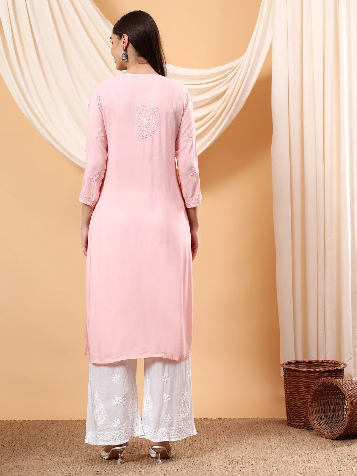 Alina Chikankari Modal Straight Kurta (Pastel Peach)