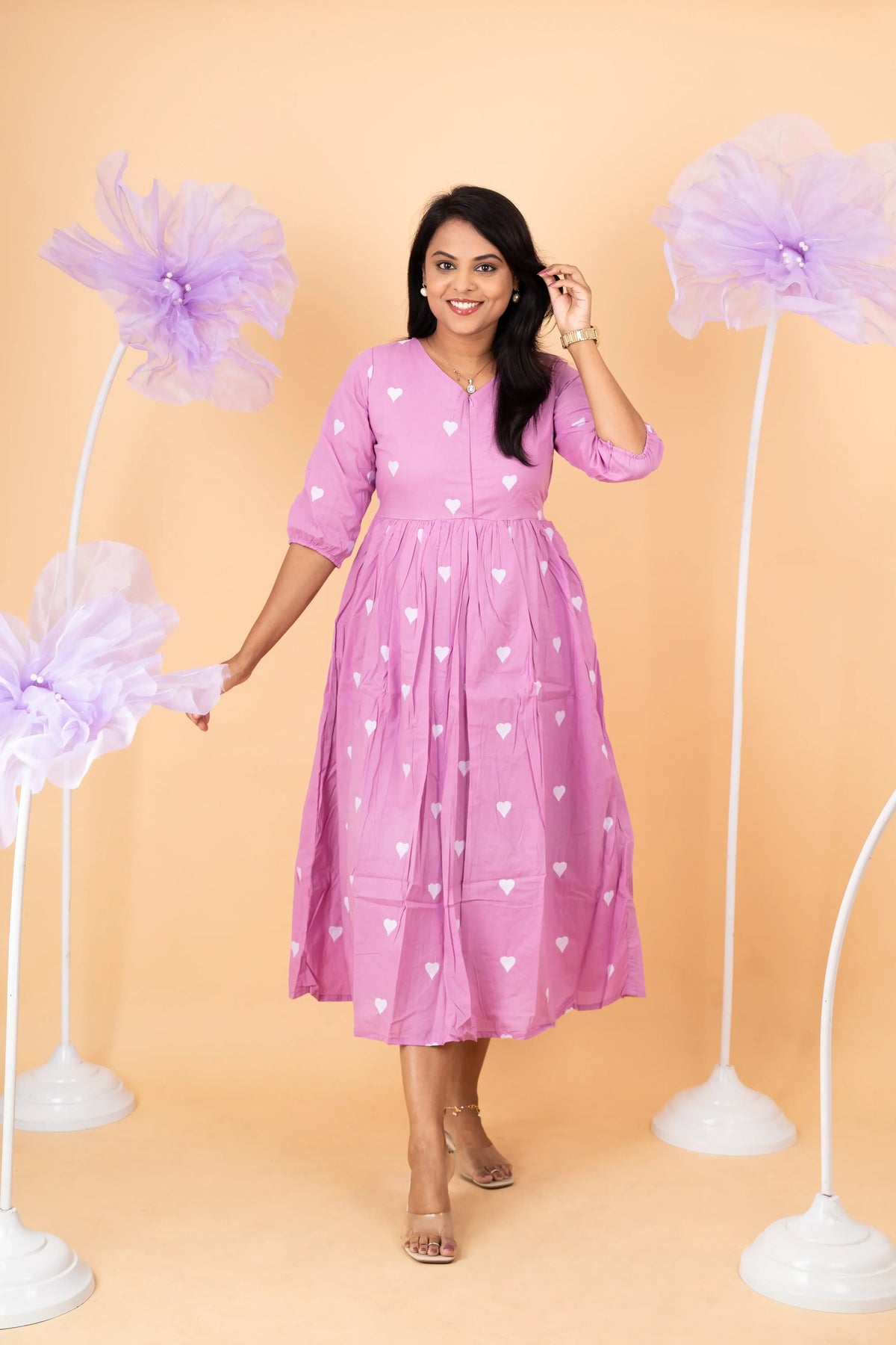 Lavender heart embroidered pure cotton casual Dress With Lining