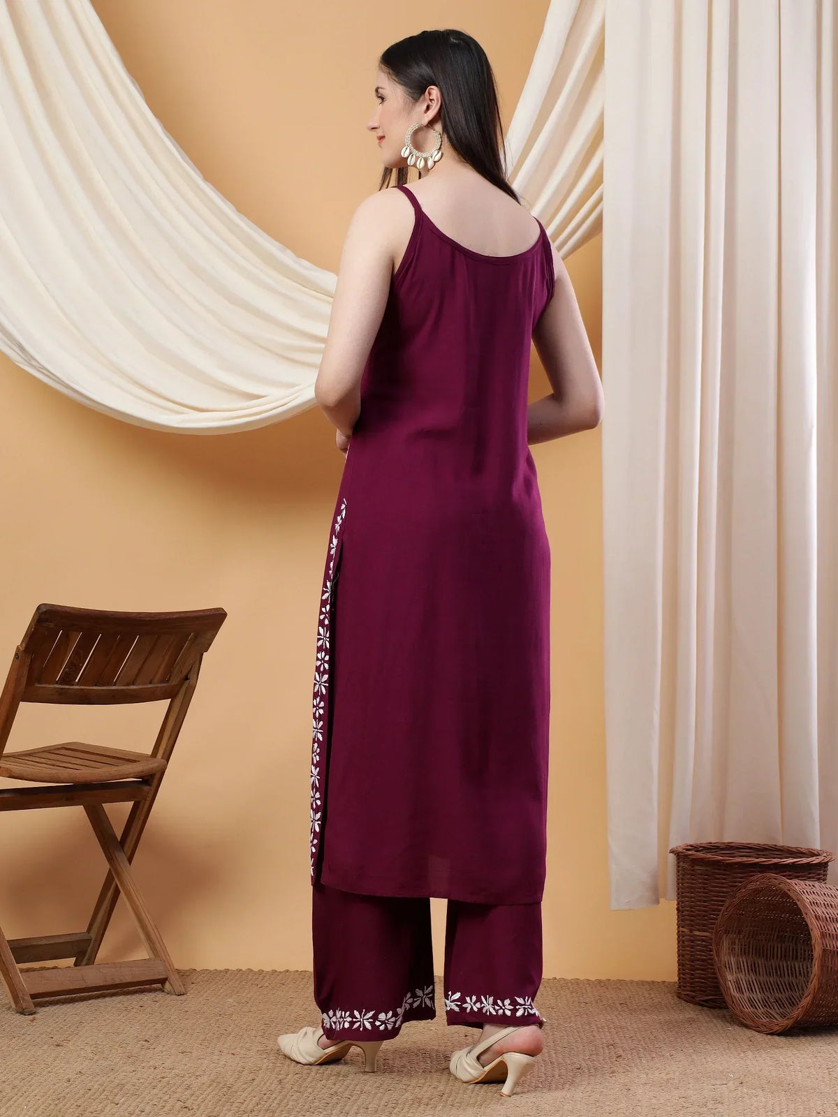 Raha Chikankari Strappy Rayon Co-ord Set (Wine)