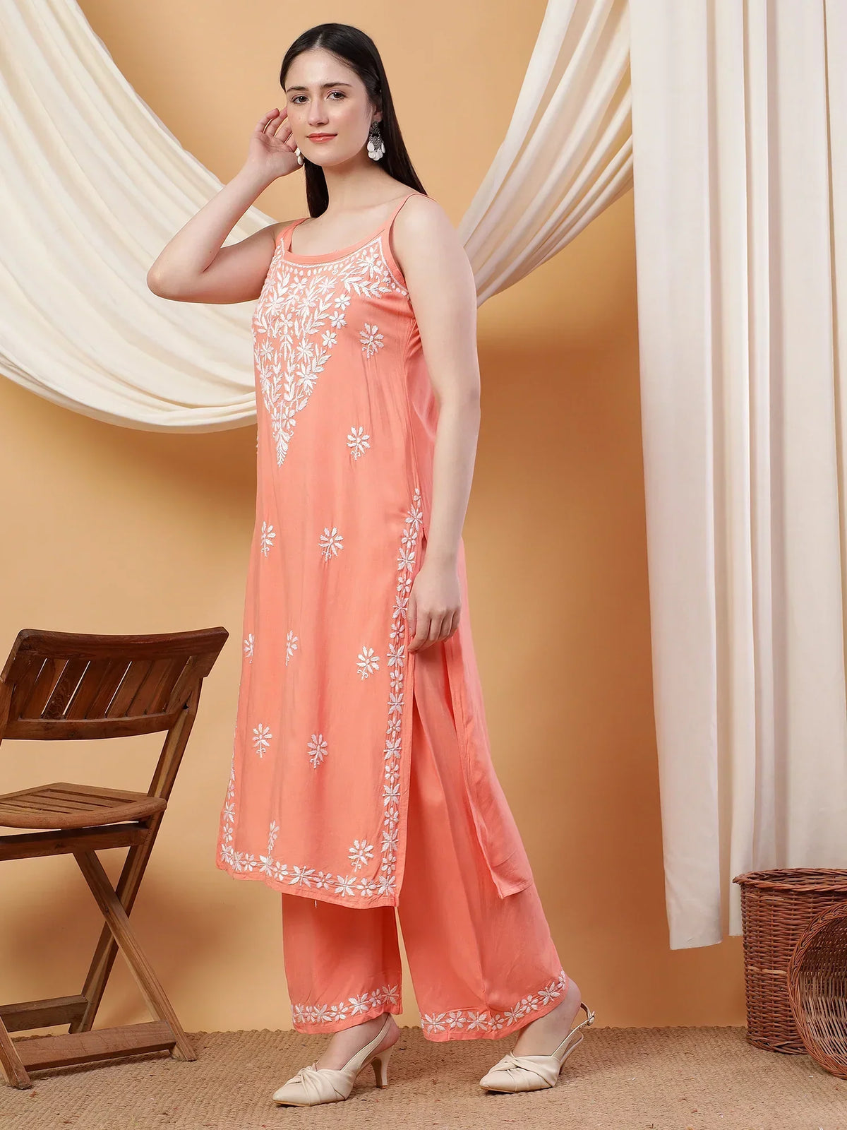 Raha Chikankari Strappy Rayon Co-ord Set (Peach)