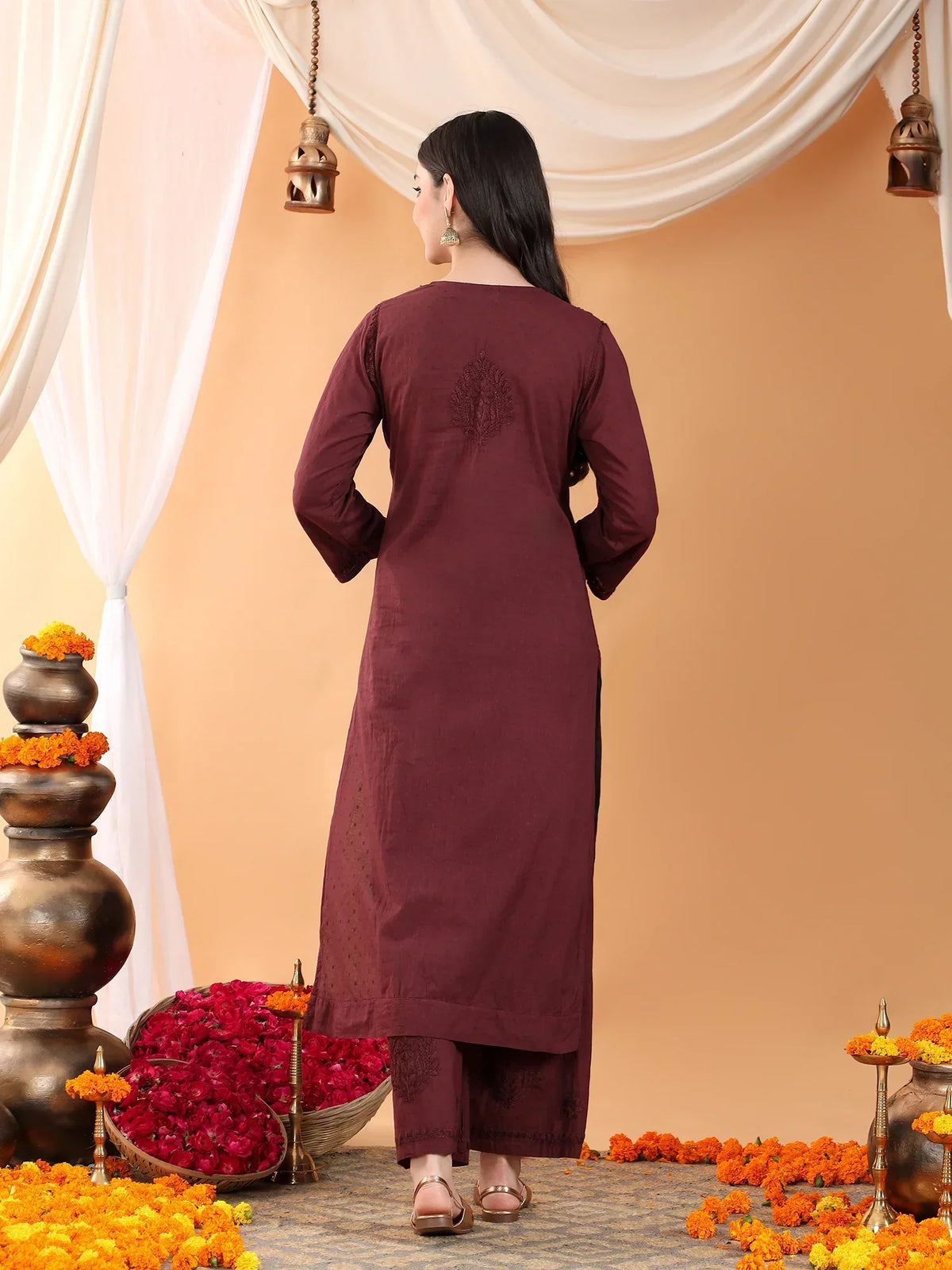 Priya Chikankari Kurta Palazzo Cotton Co-ord Set (Brown)