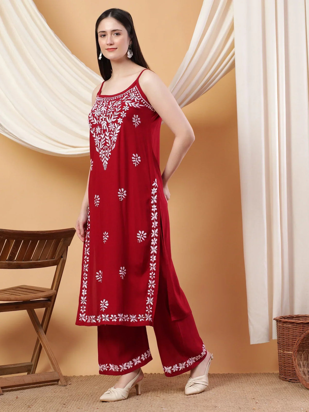 Raha Chikankari Strappy Rayon Co-ord Set (Maroon)