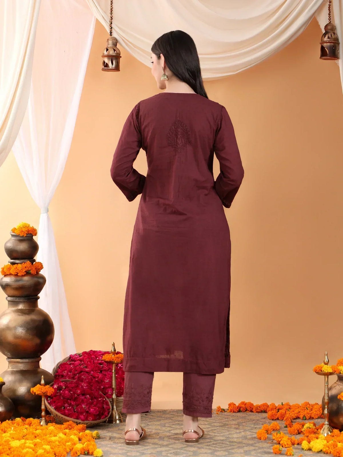 Ananya Chikankari Kurta Pant Cotton Co-ord Set (Brown)
