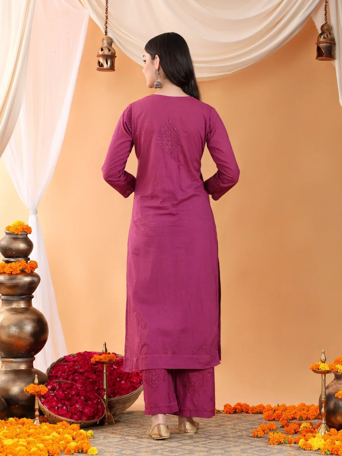 Priya Chikankari Kurta Palazzo Cotton Co-ord Set (Wine)