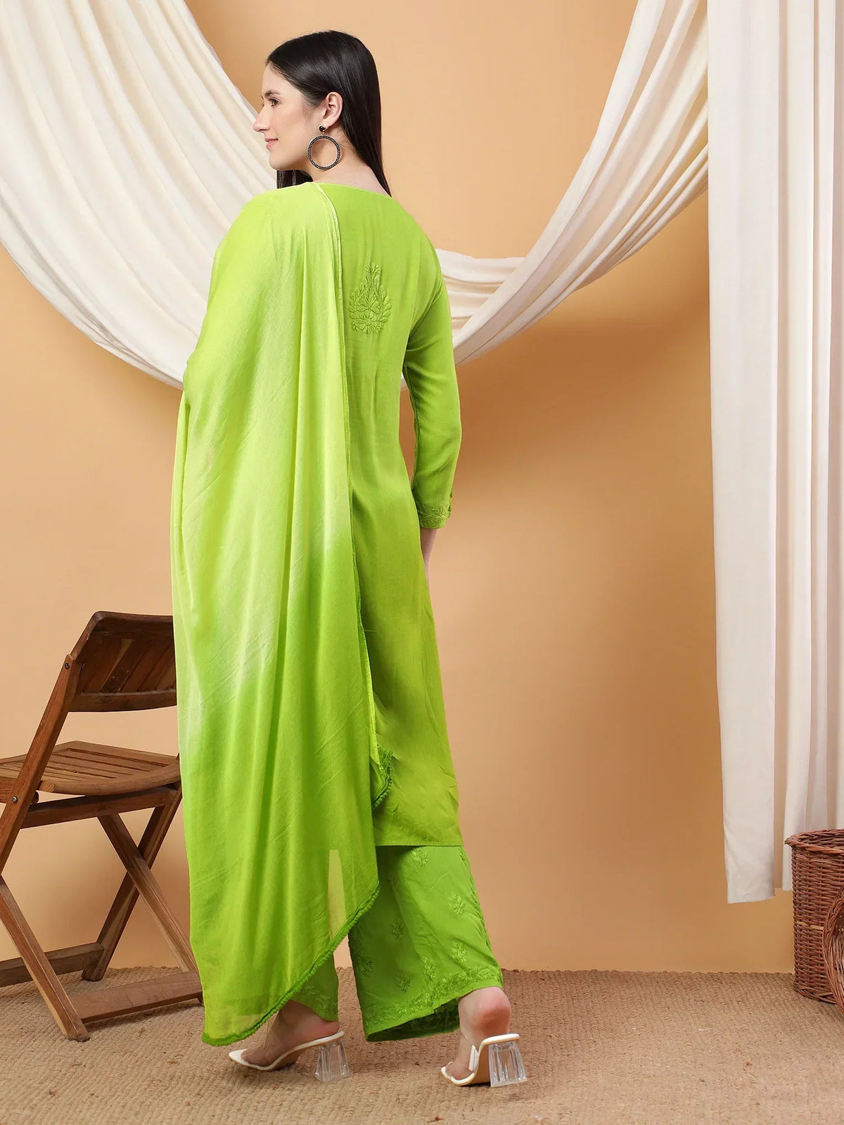 Meher Chikankari Ombre Rayon Co-ord Set (Green)