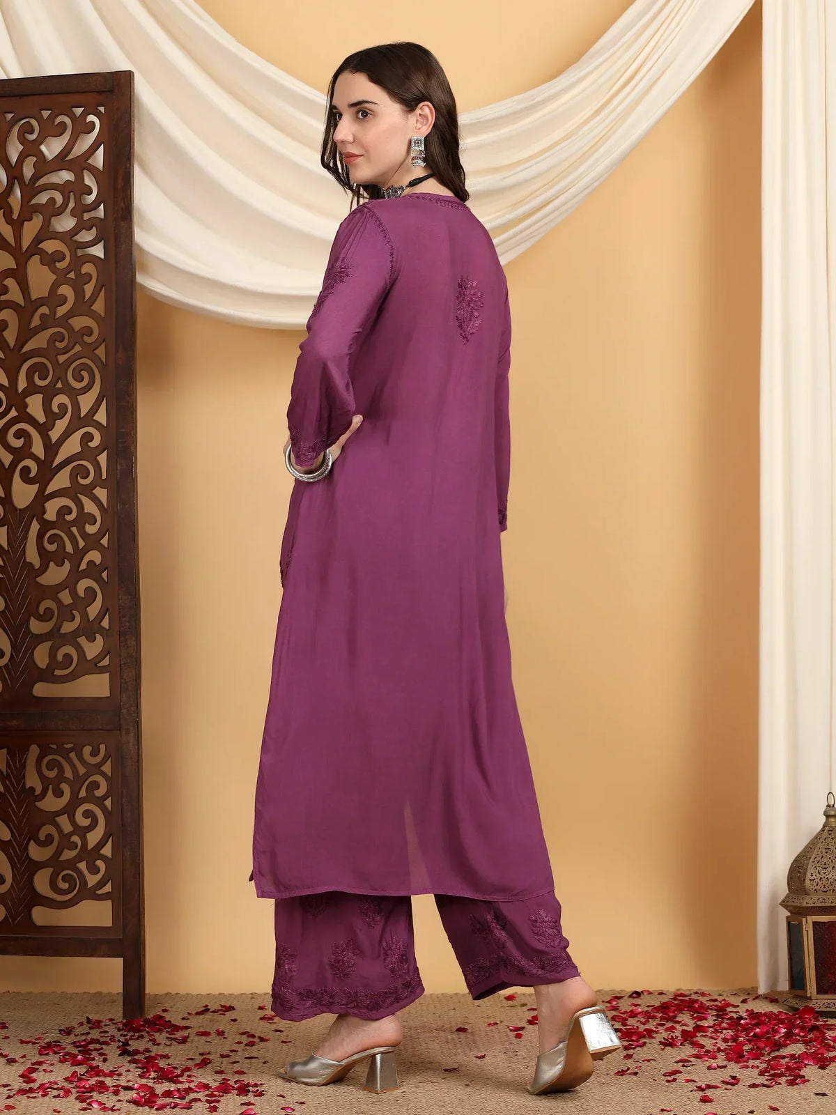 Farha Chikankari Premium Modal Co-ord Set (Wine)