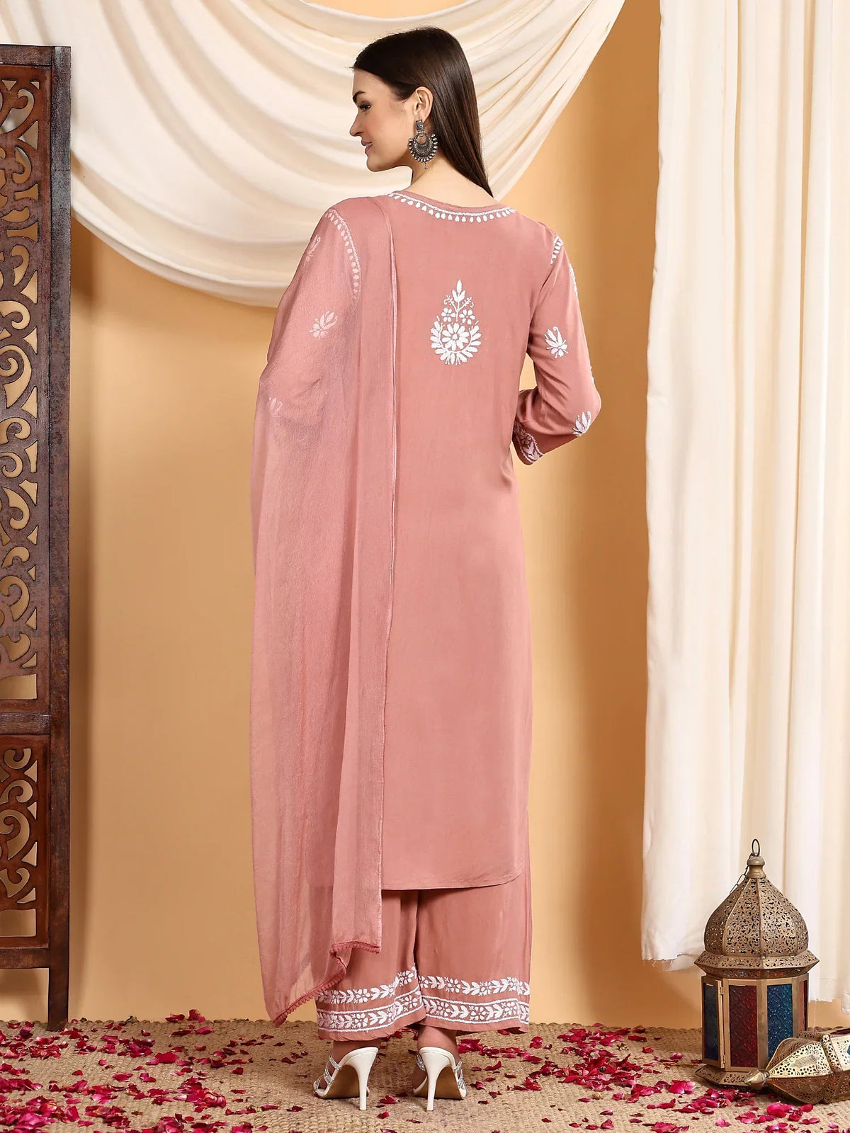 Haya Chikankari Rayon Co-ord Set (Nude Coral)