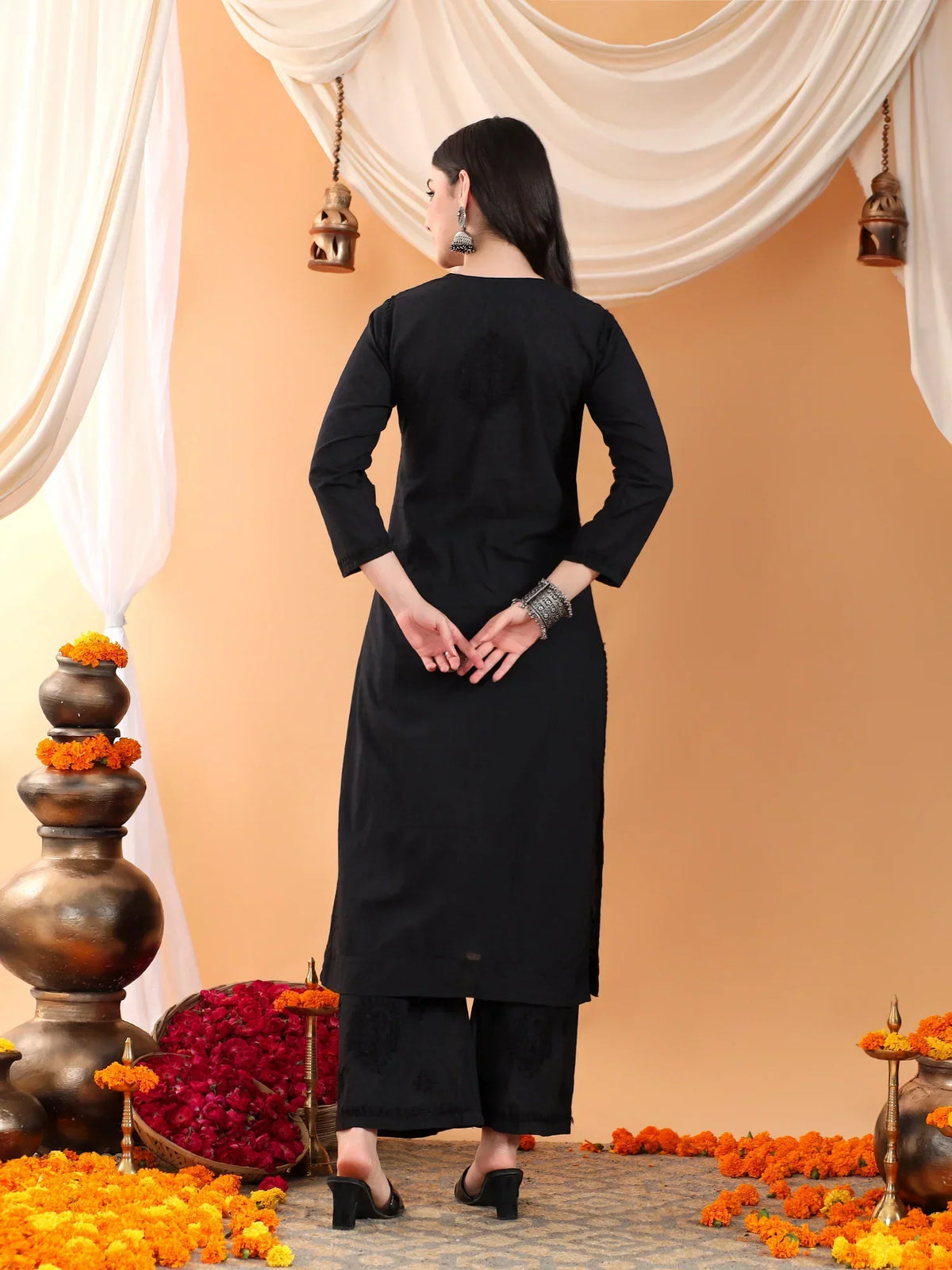 Priya Chikankari Kurta Palazzo Cotton Co-ord Set (Black)