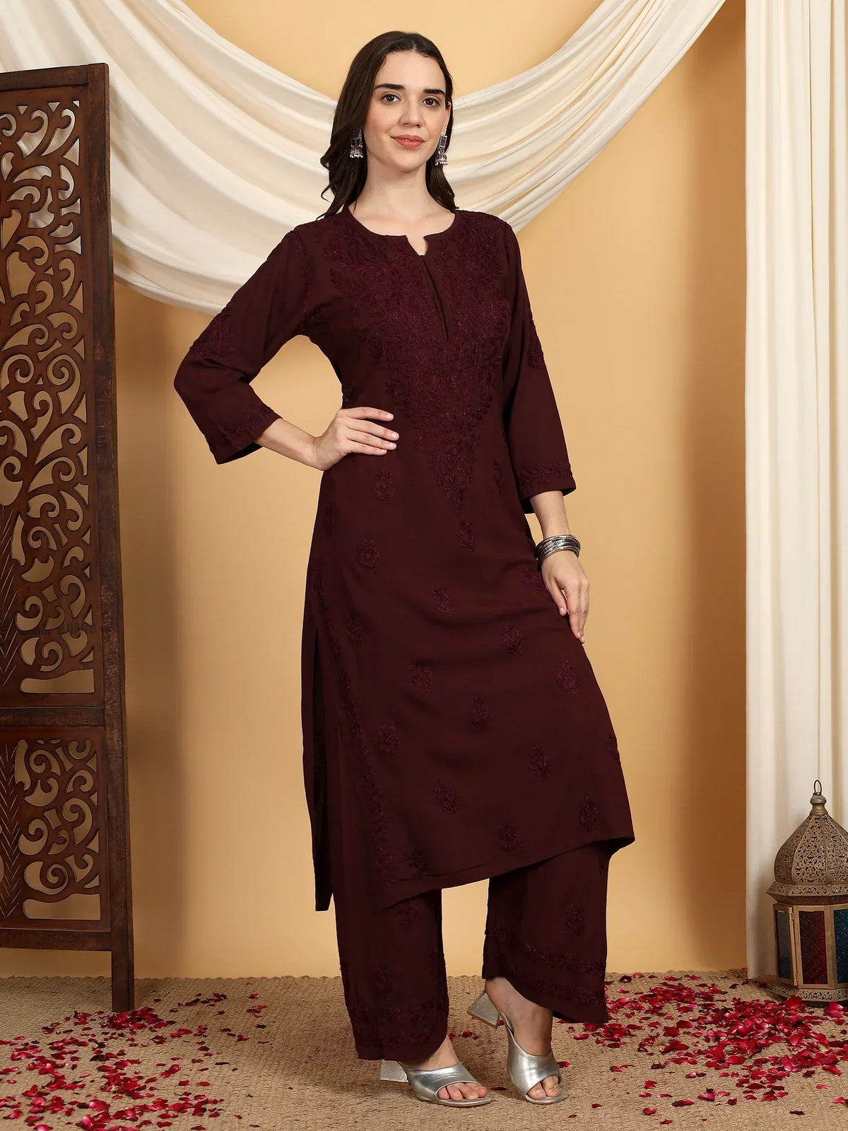 Faiza Chikankari Rayon Co-ord Set (Brown)