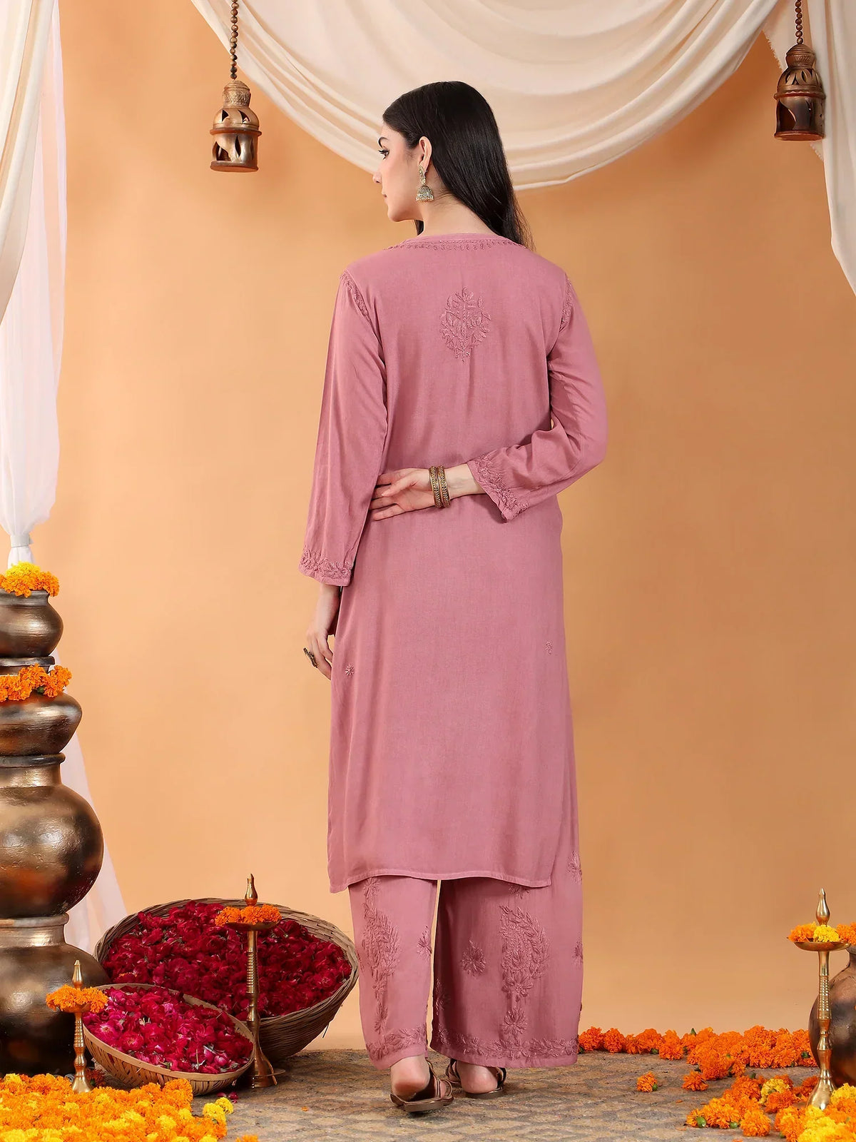 Maryam Chikankari Rayon Co-ord Set (Nude Coral)