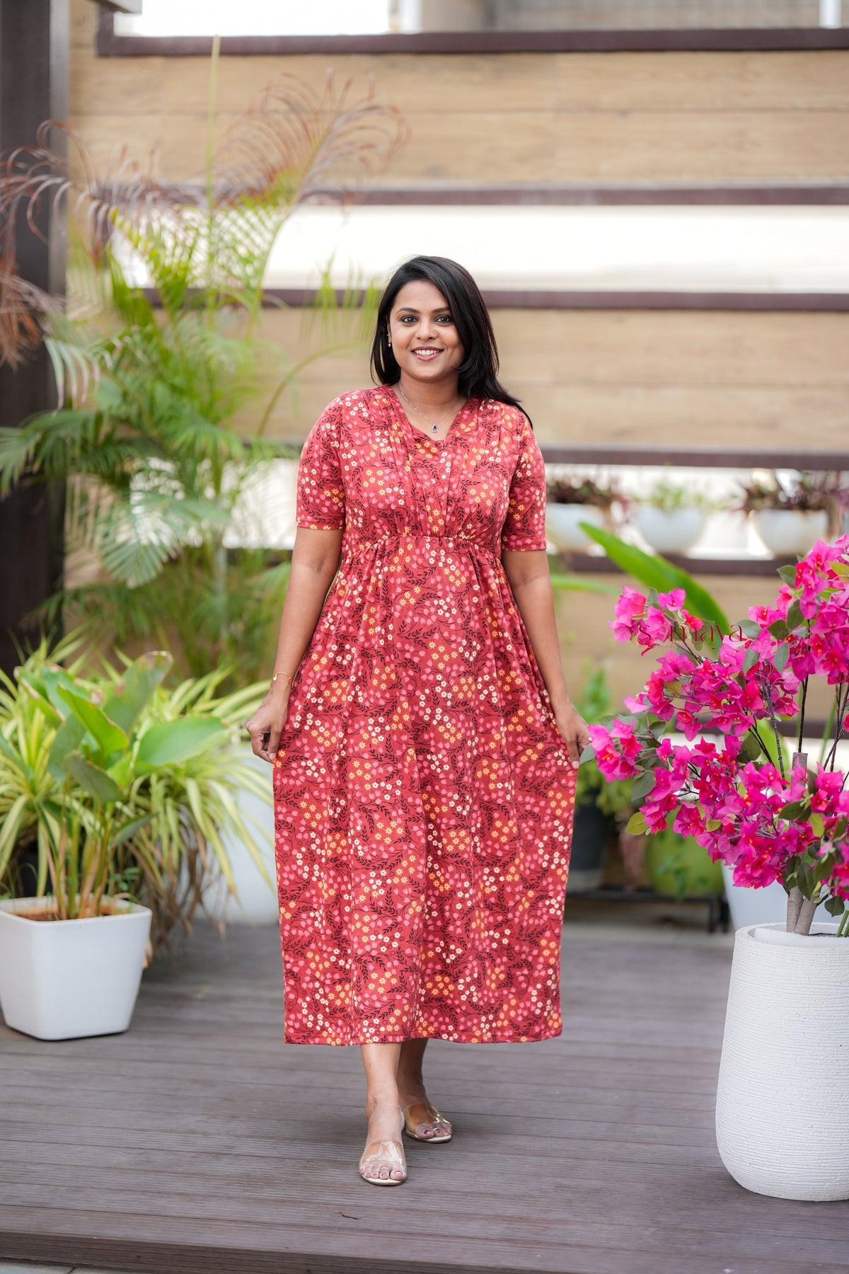 Maxi Rust Orange Light Weight Dress with attached dupptta drape