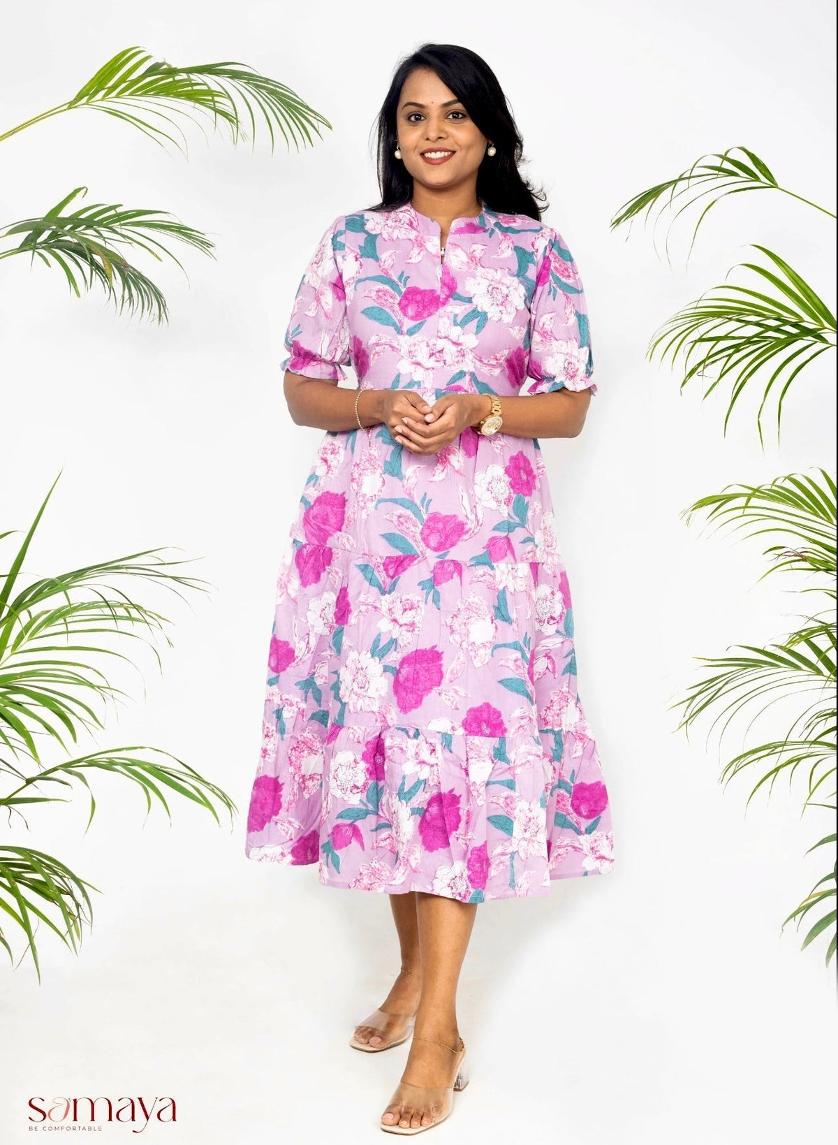 Lavender floral casual dress with lining