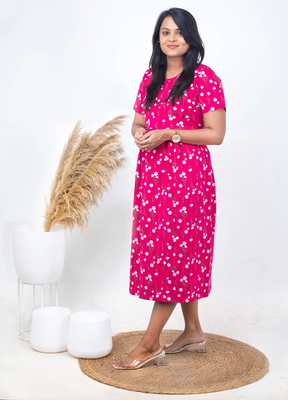 Midi Hot Pink normal Weight dress ( Samaya exclusive premium fabric )
