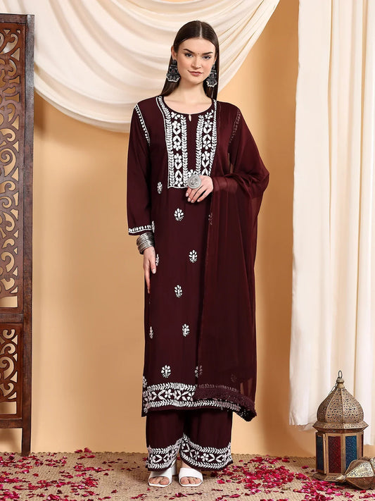 Shiza Chikankari Premium Modal Co-ord Set (Brown)