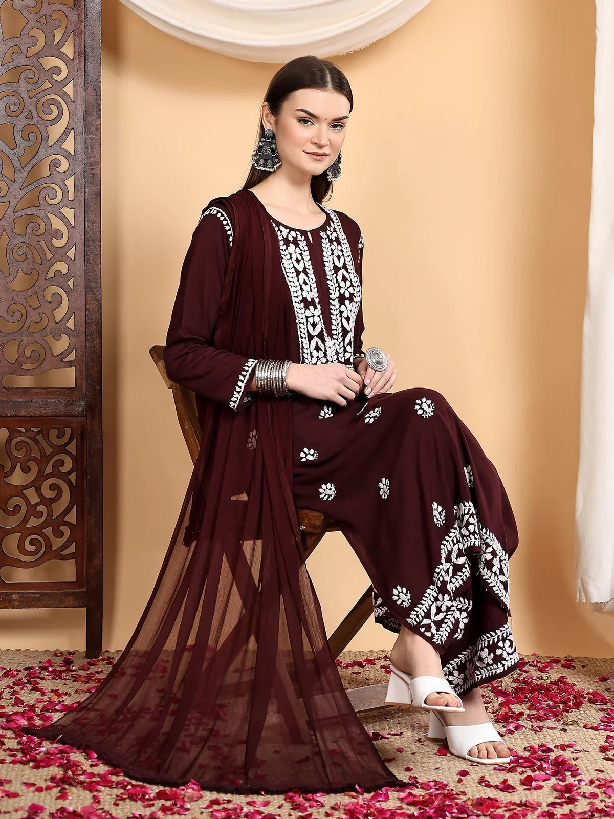 Shiza Chikankari Premium Modal Co-ord Set (Brown)