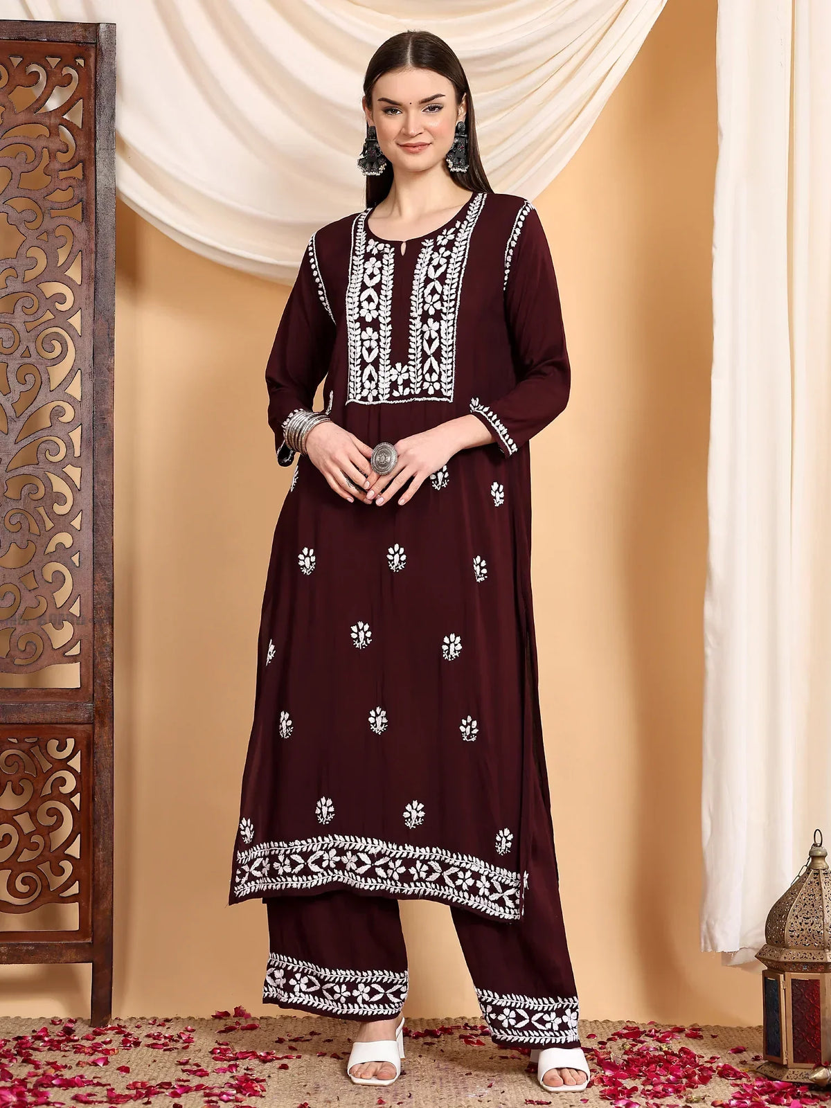 Shiza Chikankari Premium Modal Co-ord Set (Brown)
