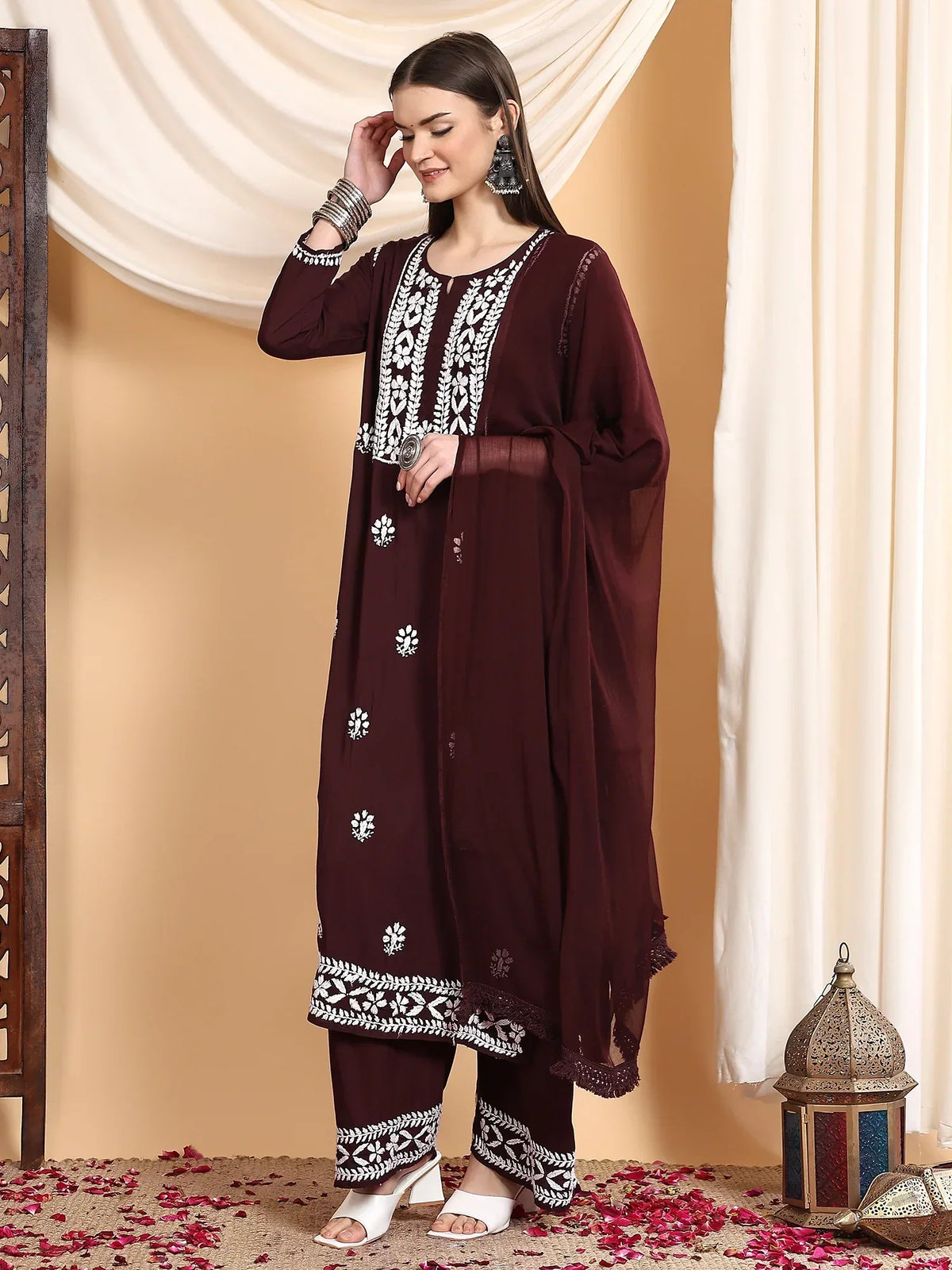 Shiza Chikankari Premium Modal Co-ord Set (Brown)