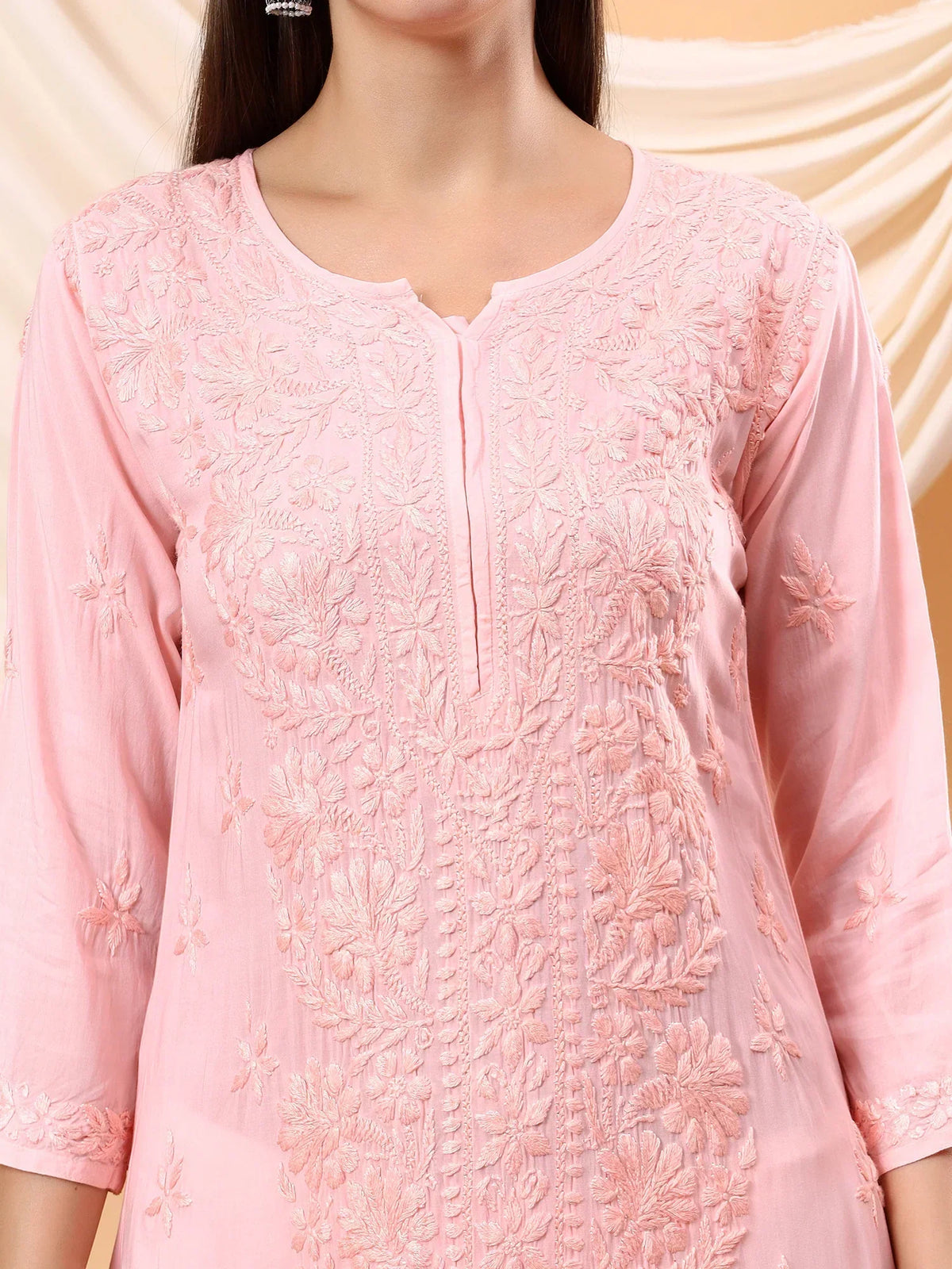 Alina Chikankari Modal Straight Kurta (Pastel Peach)