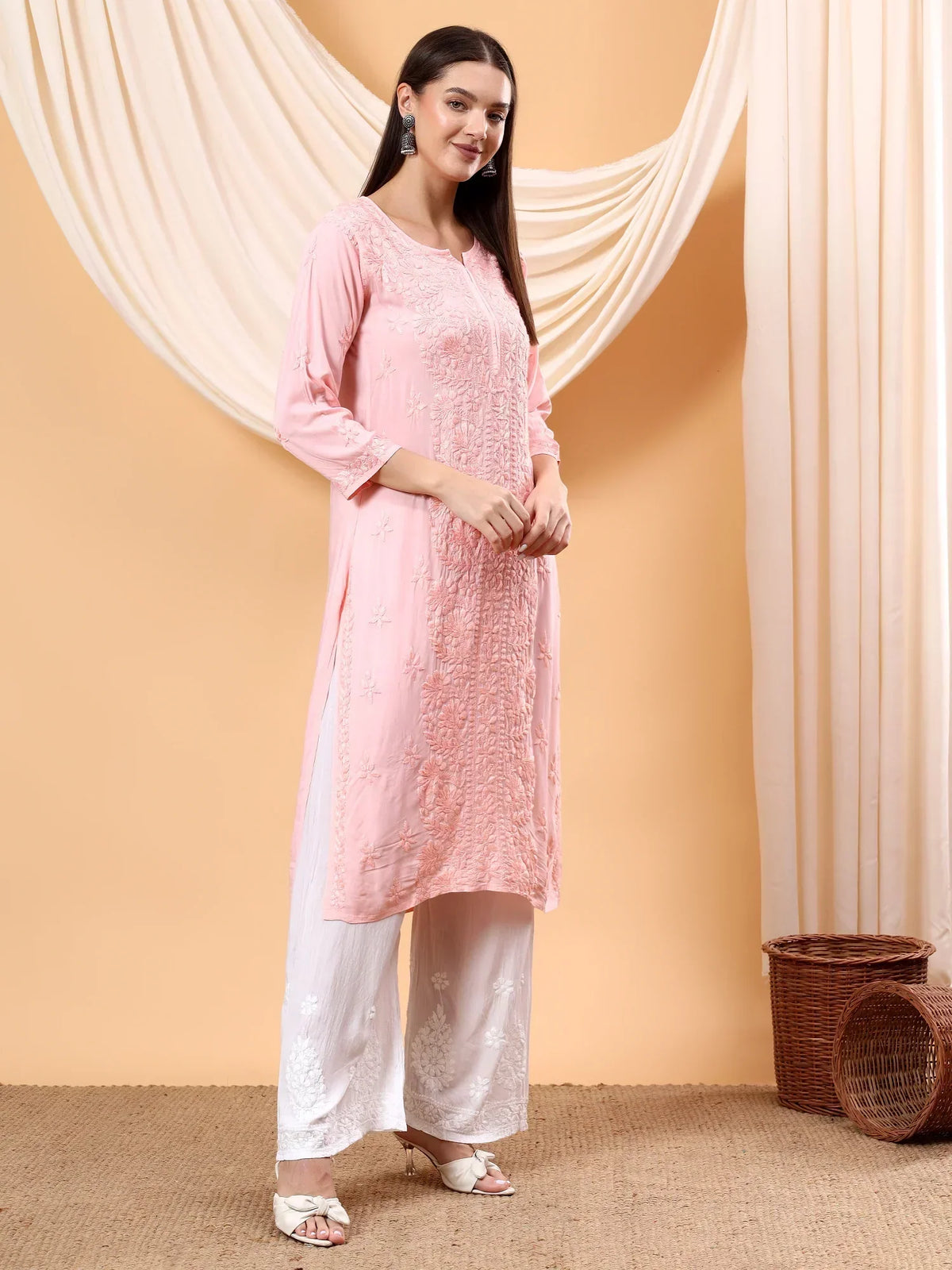 Alina Chikankari Modal Straight Kurta (Pastel Peach)