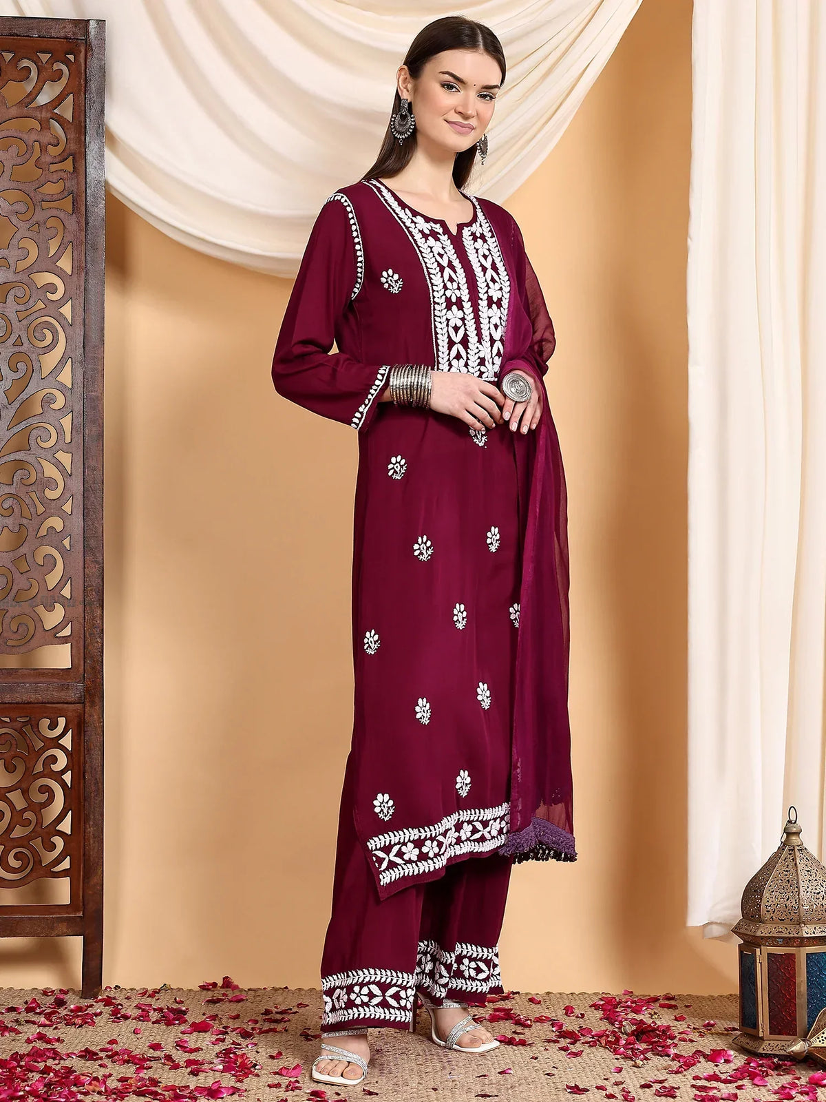 Shiza Chikankari Premium Modal Co-ord Set (Wine)