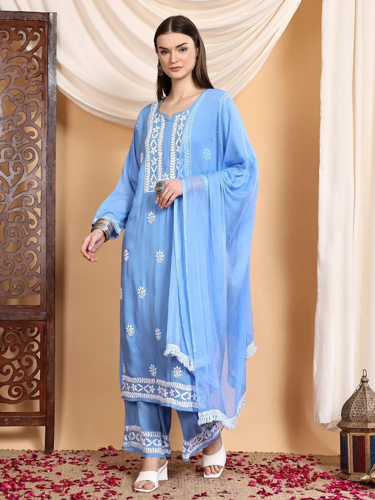 Shiza Chikankari Premium Modal Co-ord Set (Powder Blue)