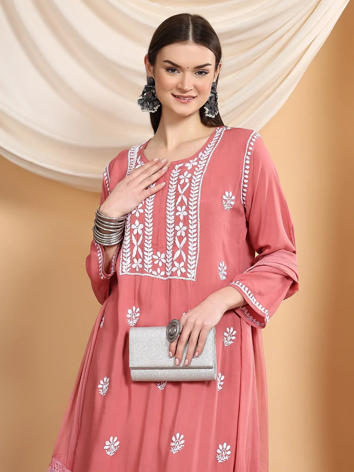 Shiza Chikankari Premium Modal Co-ord Set (Coral Pink)
