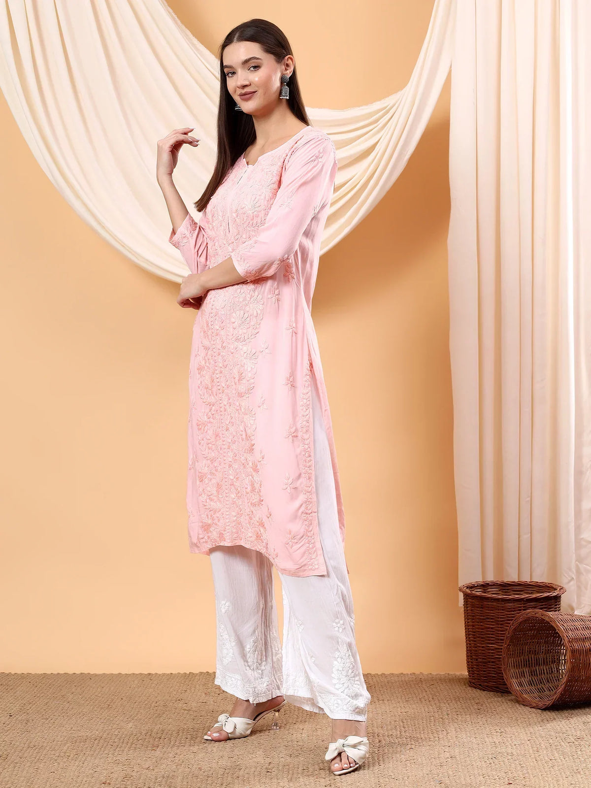 Alina Chikankari Modal Straight Kurta (Pastel Peach)