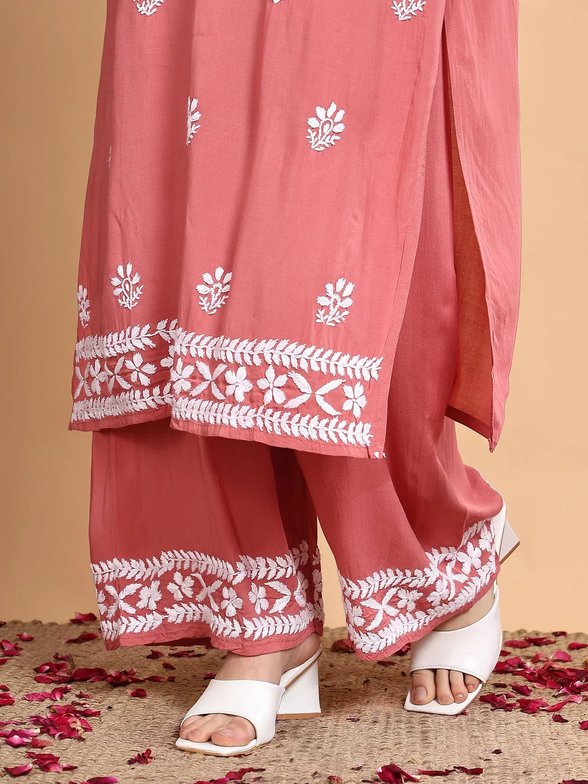 Shiza Chikankari Premium Modal Co-ord Set (Coral Pink)