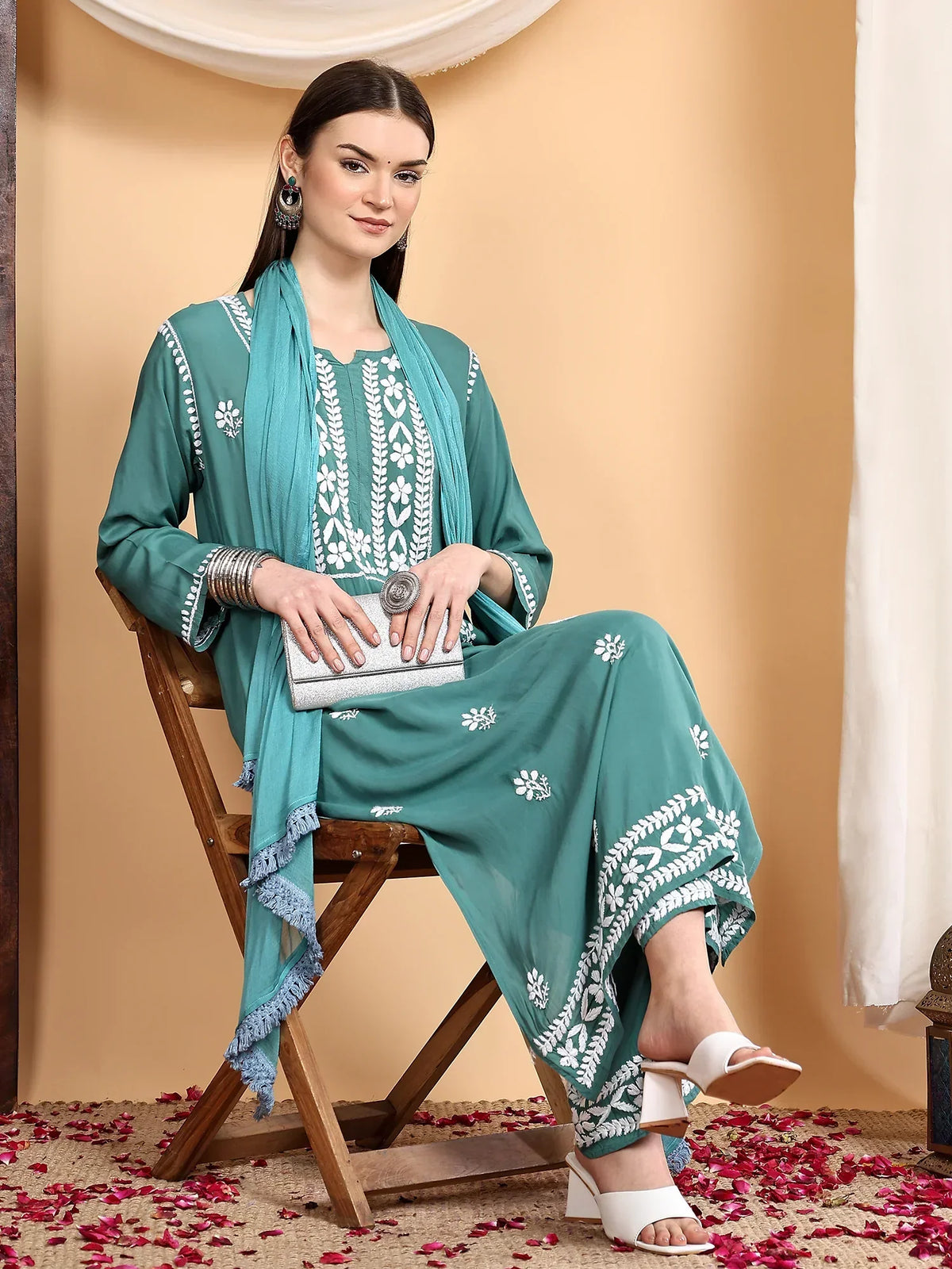 Shiza Chikankari Premium Modal Co-ord Set (Spanish Green)