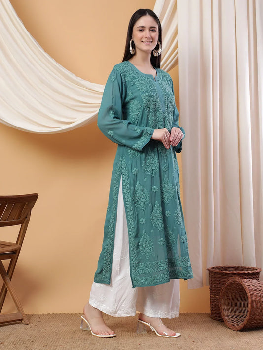 Dua Premium Viscose 3D Chikankari Straight Kurta (Green)