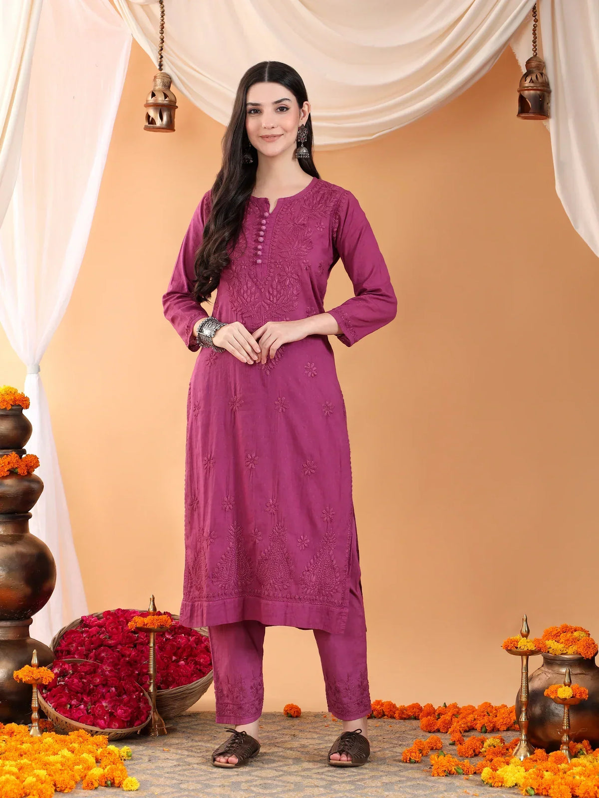 Ananya Chikankari Kurta Pant Cotton Co-ord Set (Wine)