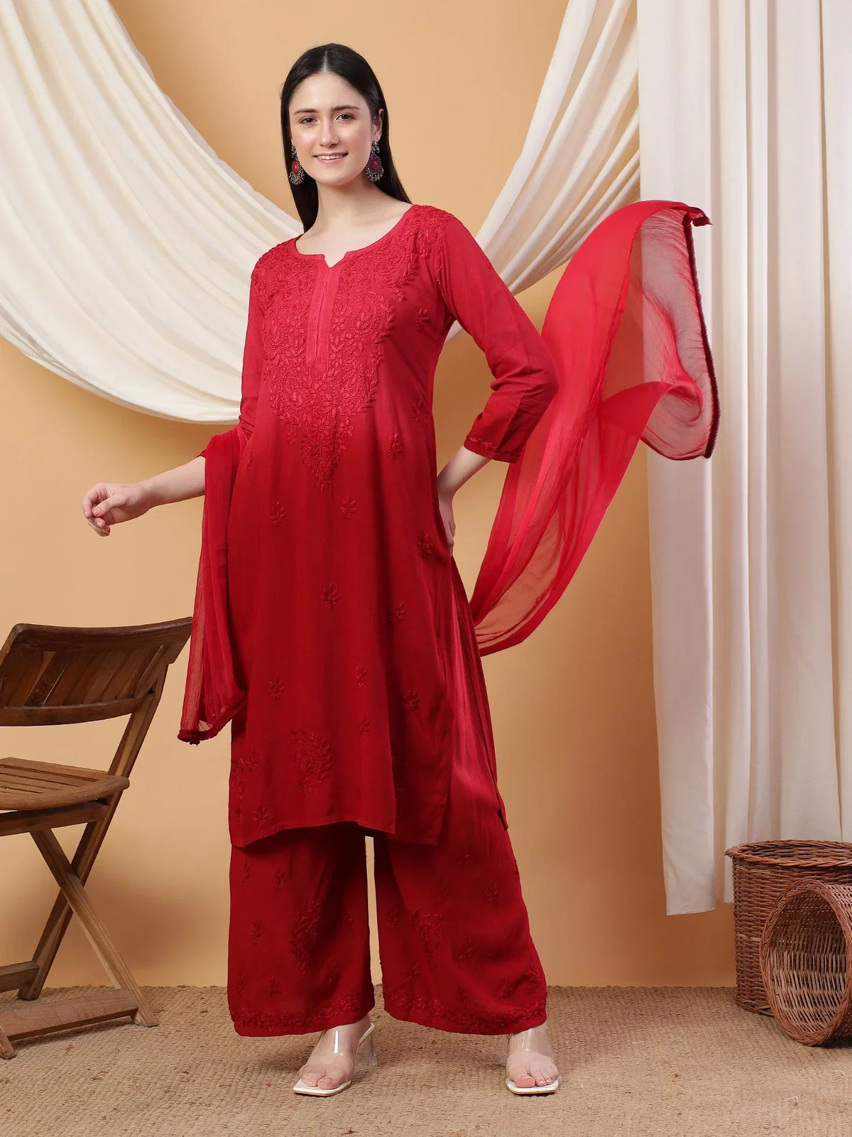 Meher Chikankari Ombre Rayon Co-ord Set (Maroon)