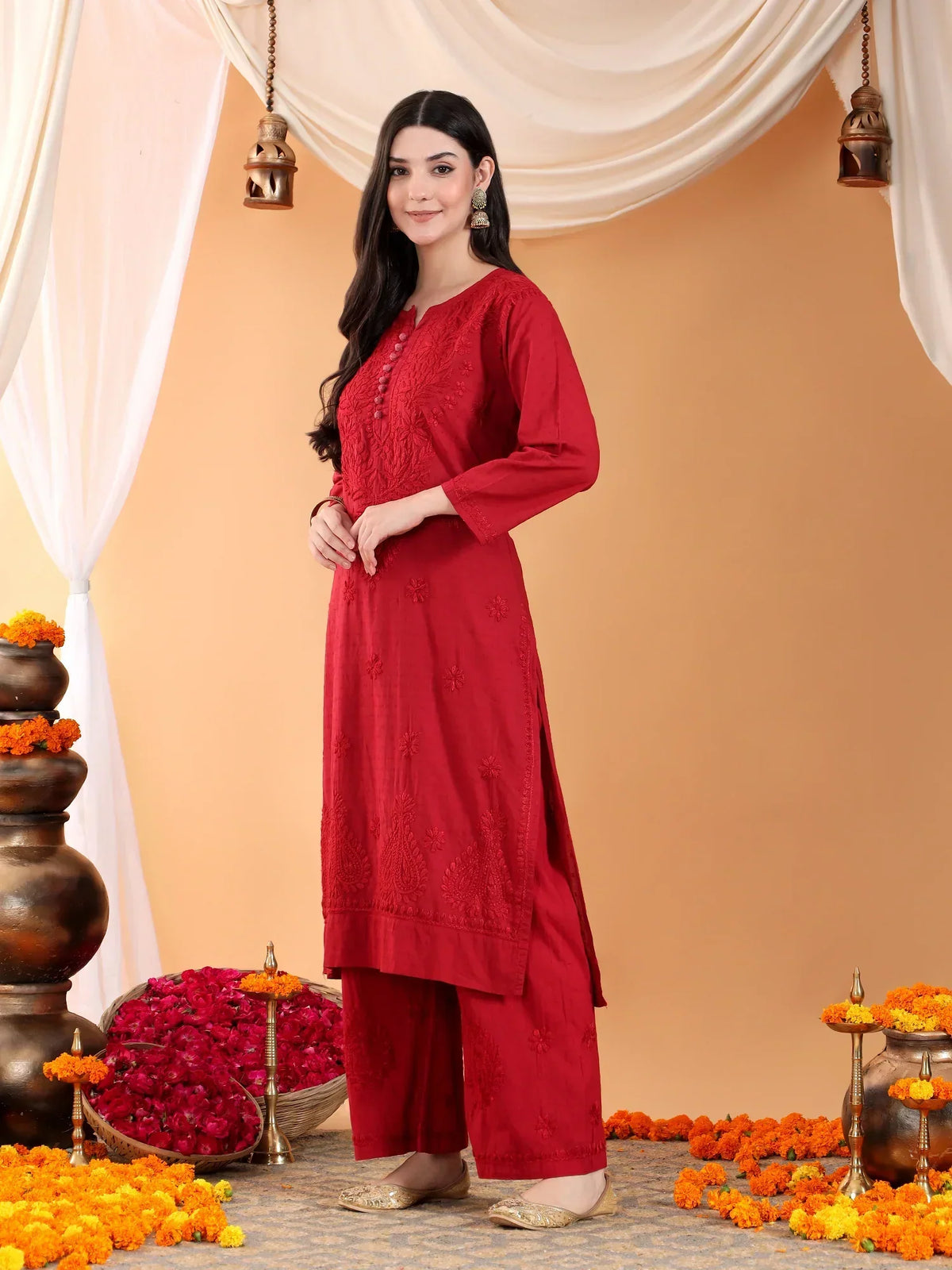 Priya Chikankari Kurta Palazzo Cotton Co-ord Set (Maroon)