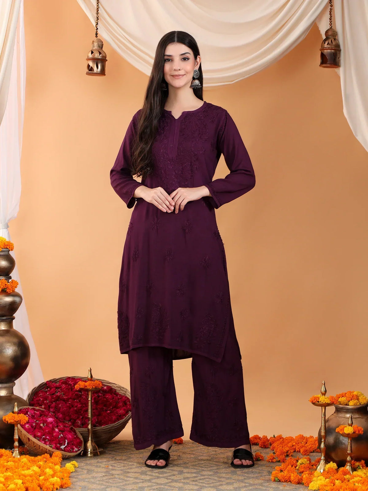 Maryam Chikankari Rayon Co-ord Set (Wine)