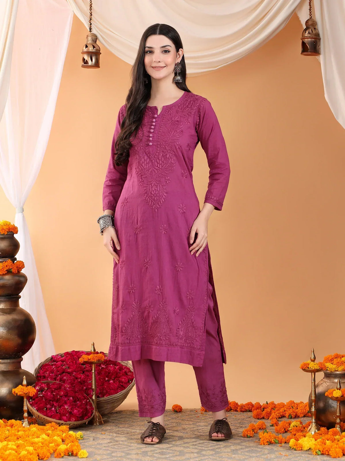Ananya Chikankari Kurta Pant Cotton Co-ord Set (Wine)