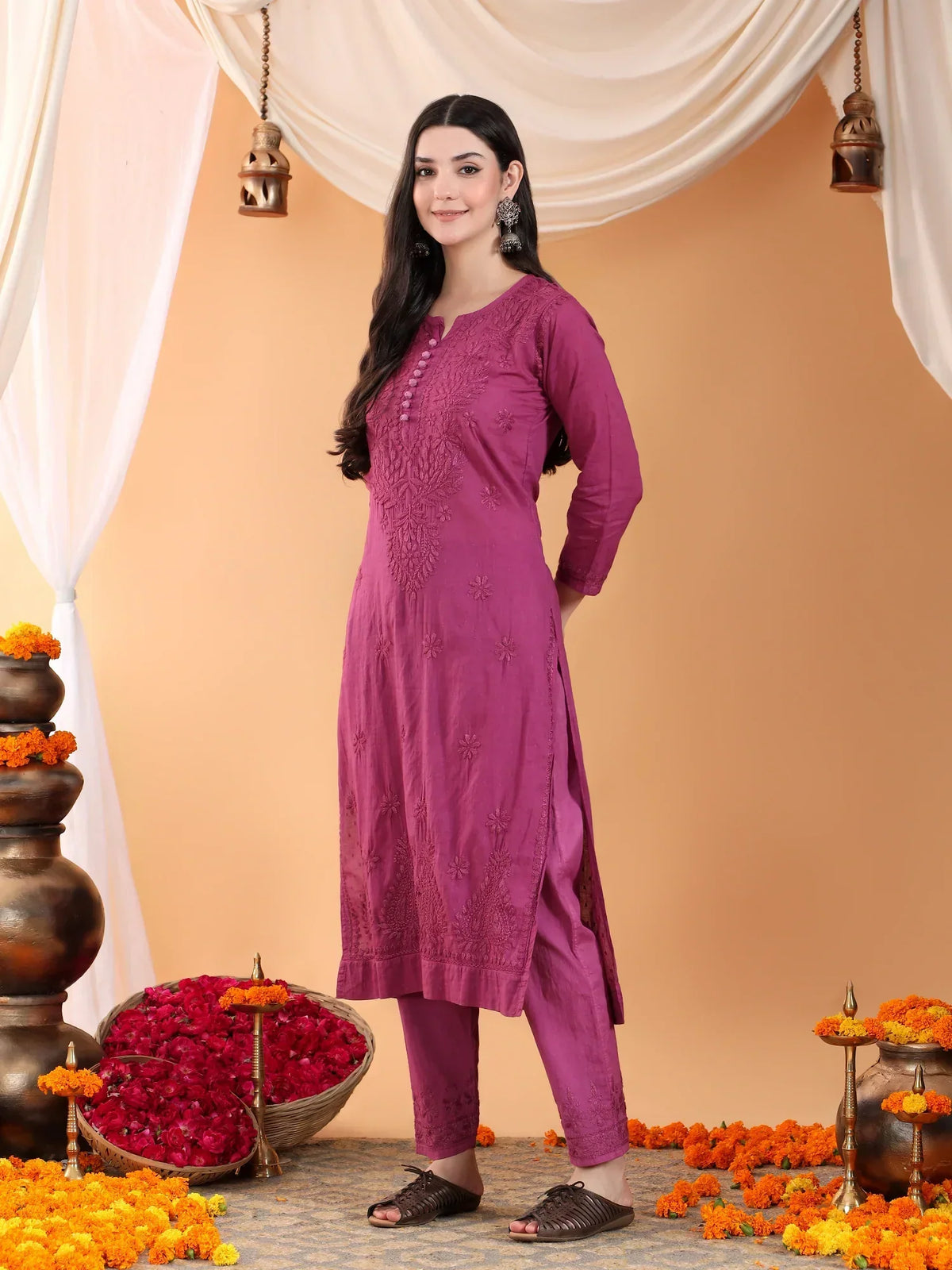 Ananya Chikankari Kurta Pant Cotton Co-ord Set (Wine)