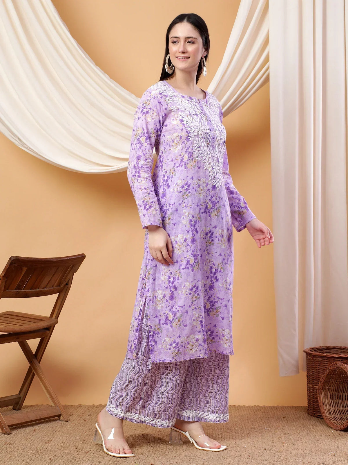 Anika Chikankari Mulmul Co-ord Set (Lavender)