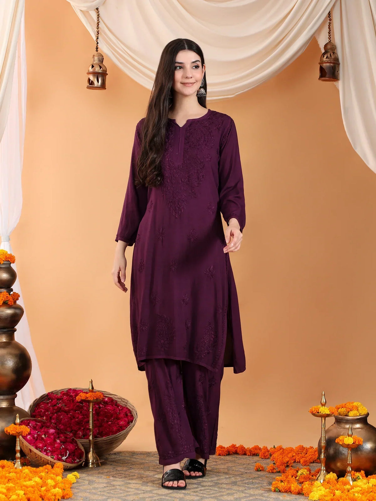 Maryam Chikankari Rayon Co-ord Set (Wine)