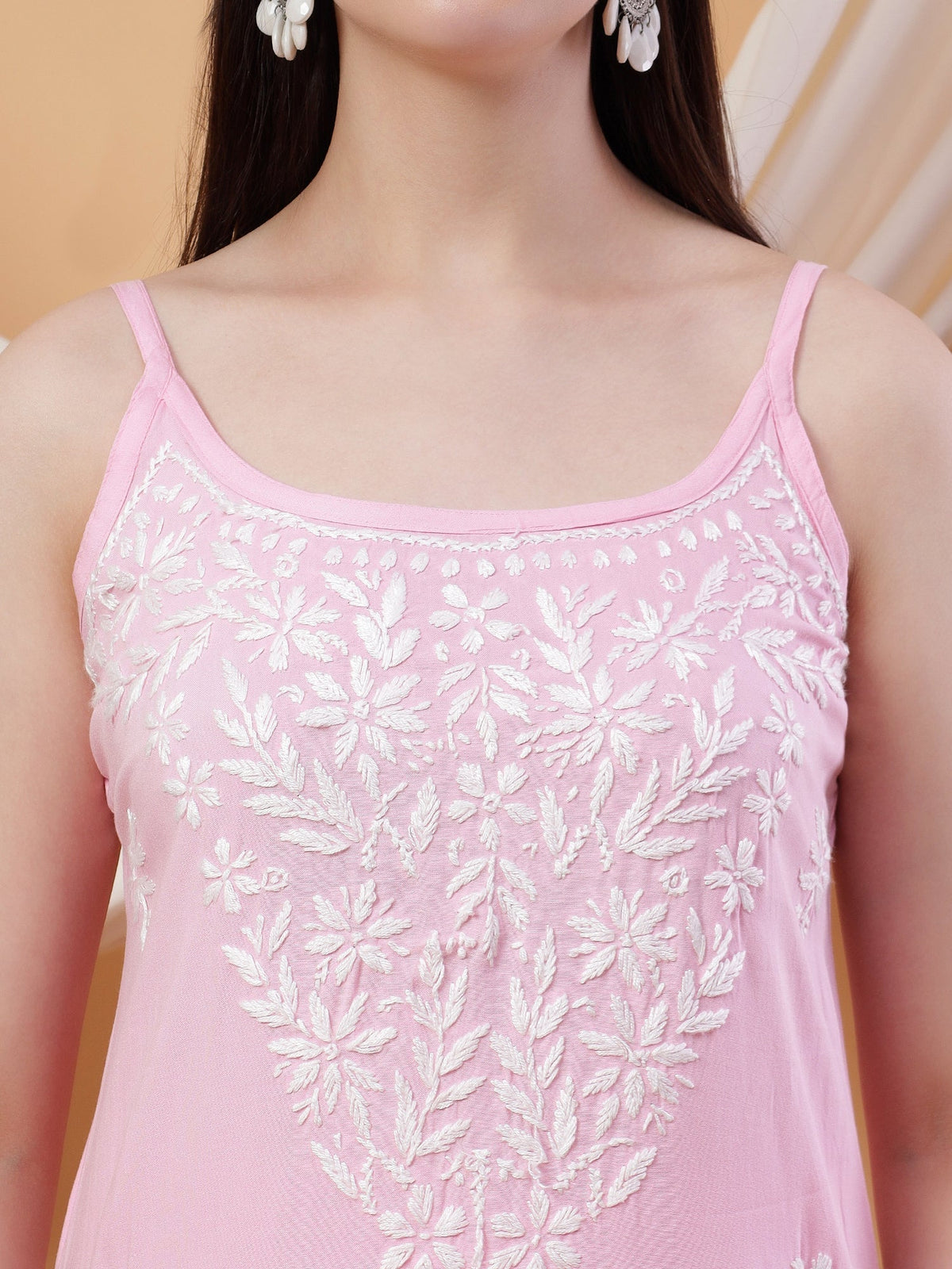 Raha Chikankari Strappy Rayon Co-ord Set (Baby Pink)