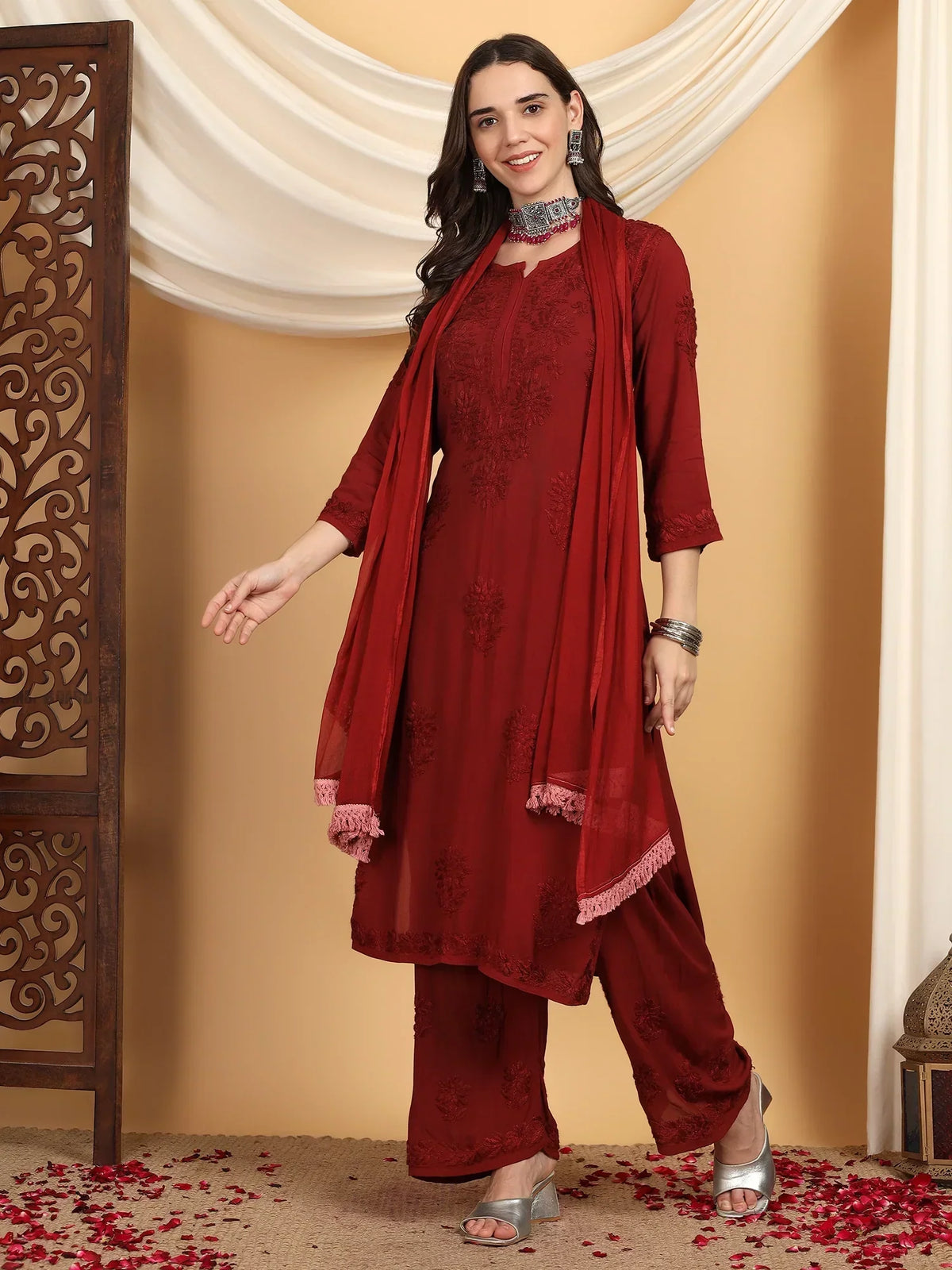 Farha Chikankari Premium Modal Co-ord Set (Maroon)