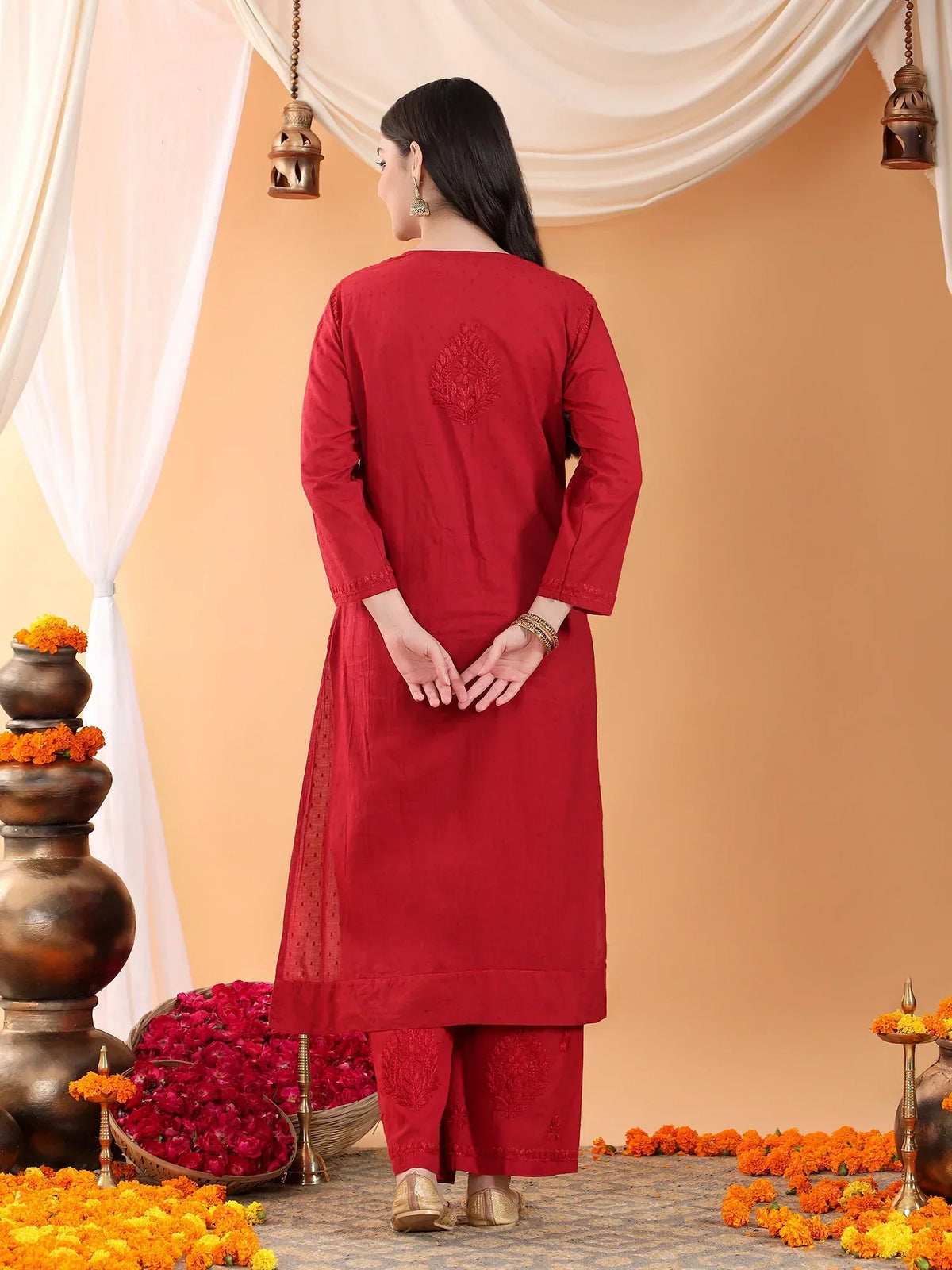 Priya Chikankari Kurta Palazzo Cotton Co-ord Set (Maroon)