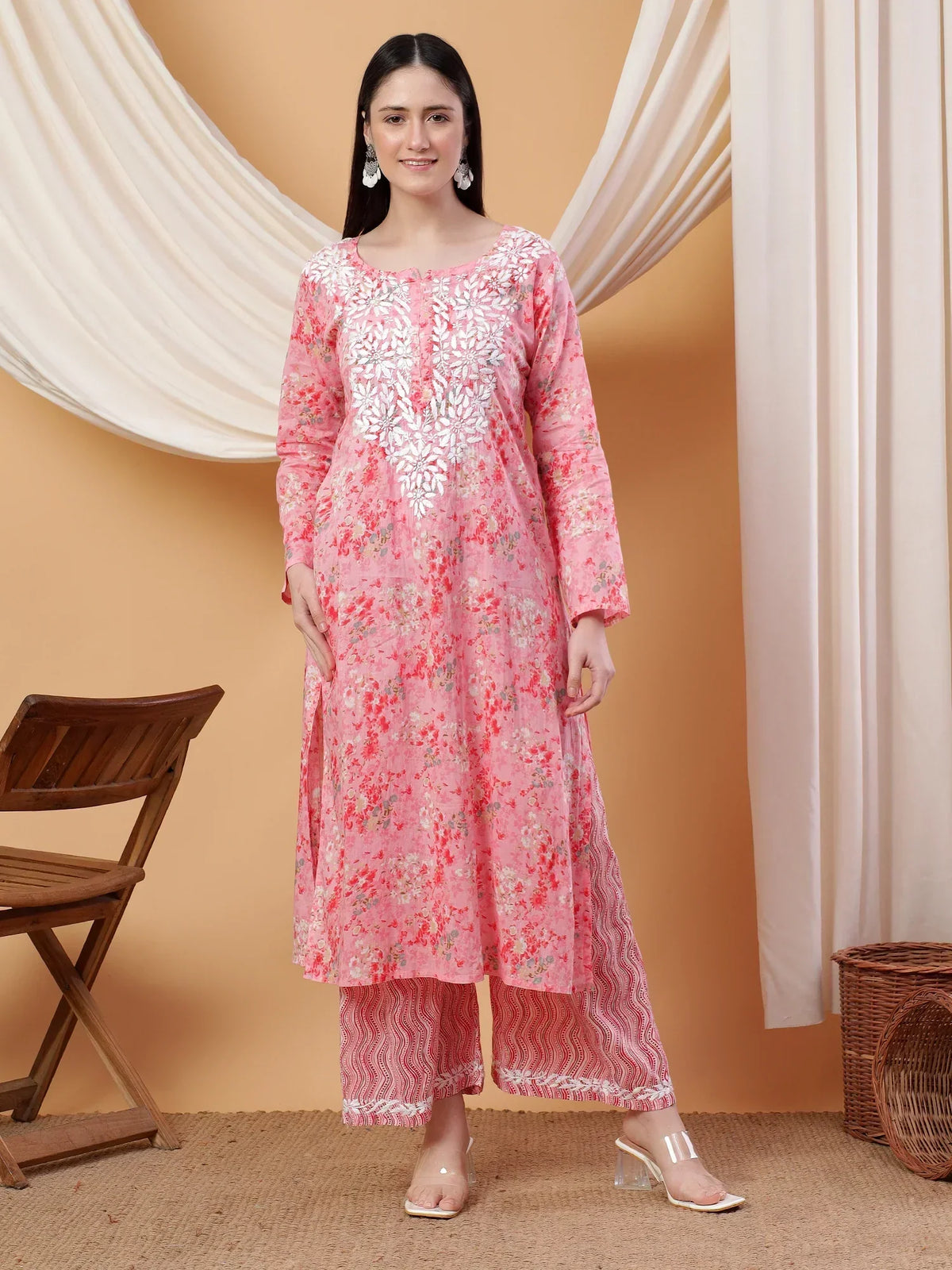 Anika Chikankari Mulmul Co-ord Set (Red)