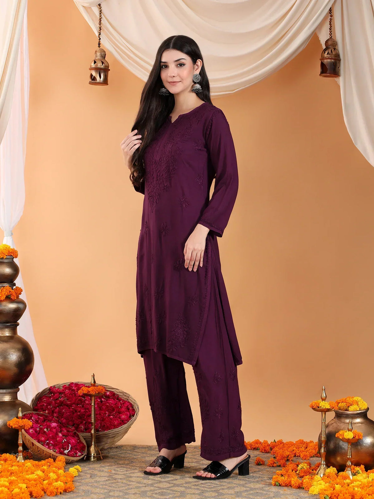 Maryam Chikankari Rayon Co-ord Set (Wine)