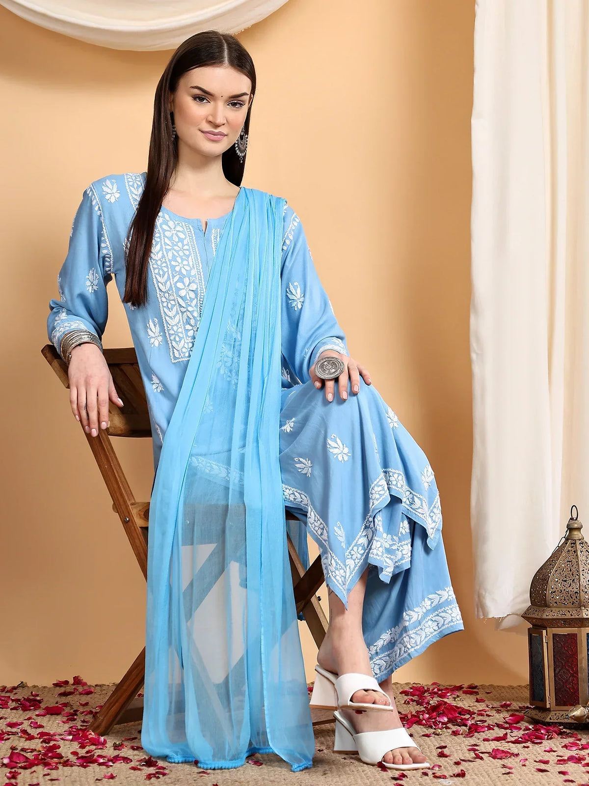 Haya Chikankari Rayon Co-ord Set (Powder Blue)