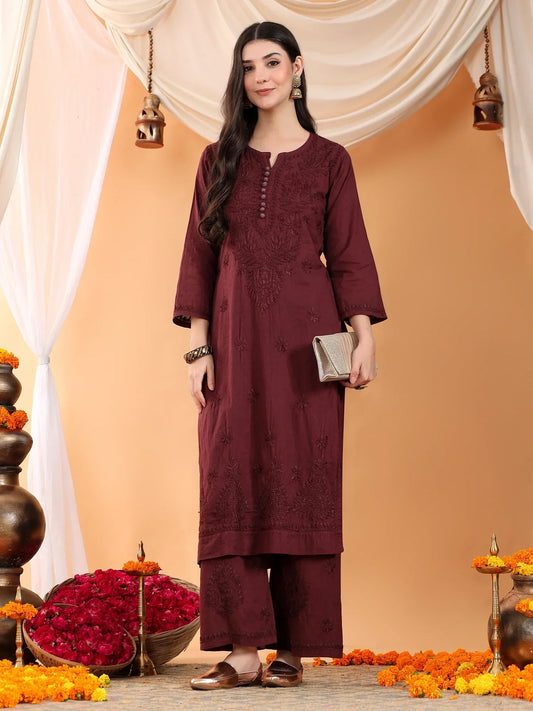 Priya Chikankari Kurta Palazzo Cotton Co-ord Set (Brown)