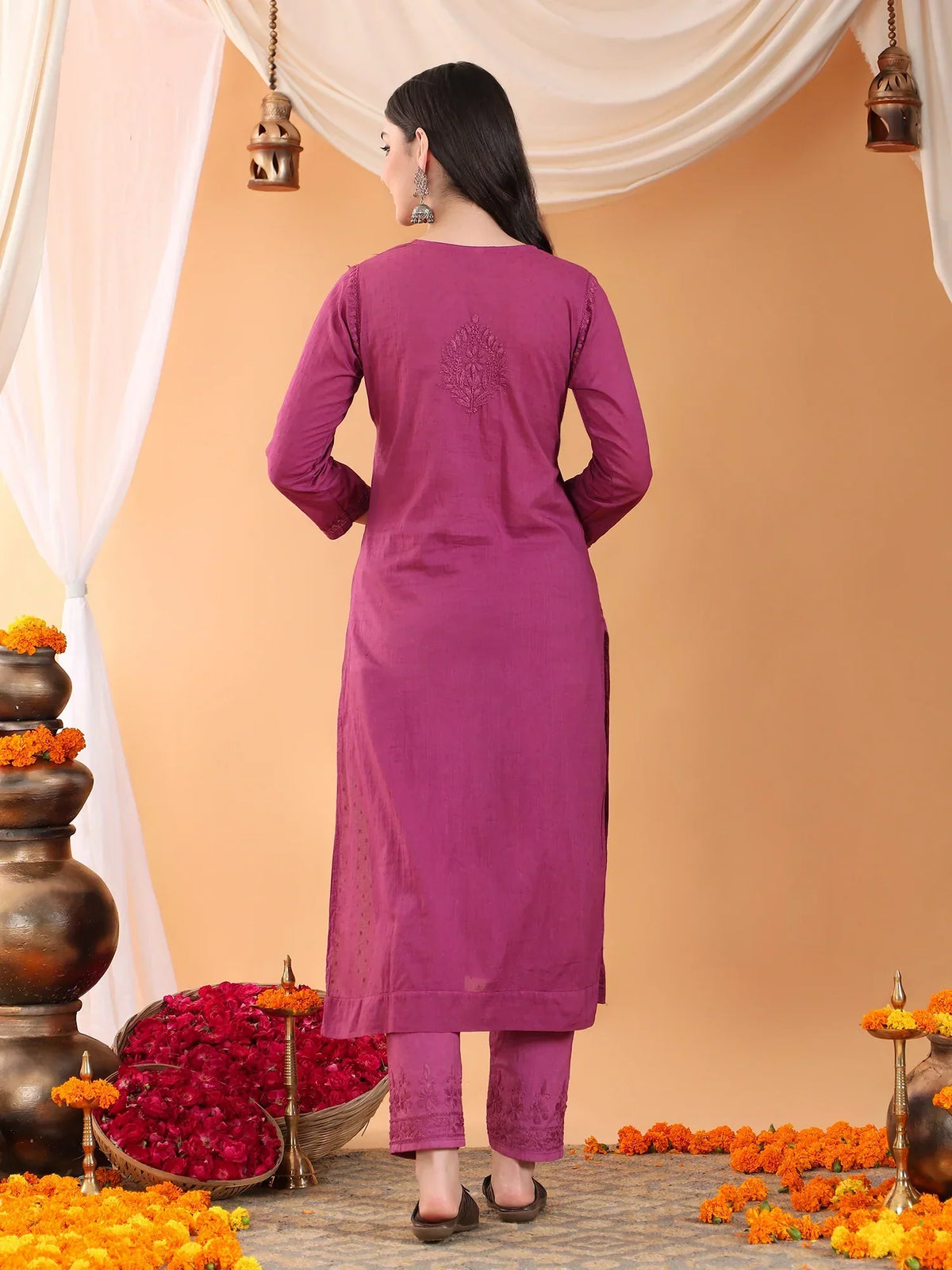 Ananya Chikankari Kurta Pant Cotton Co-ord Set (Wine)