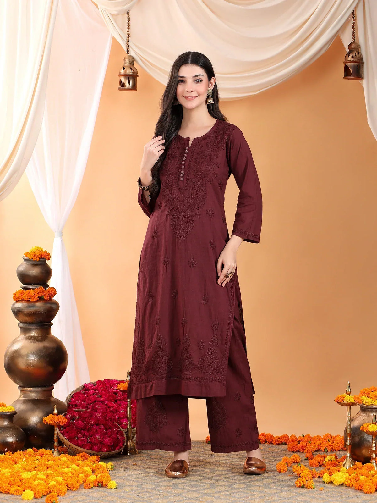 Priya Chikankari Kurta Palazzo Cotton Co-ord Set (Brown)