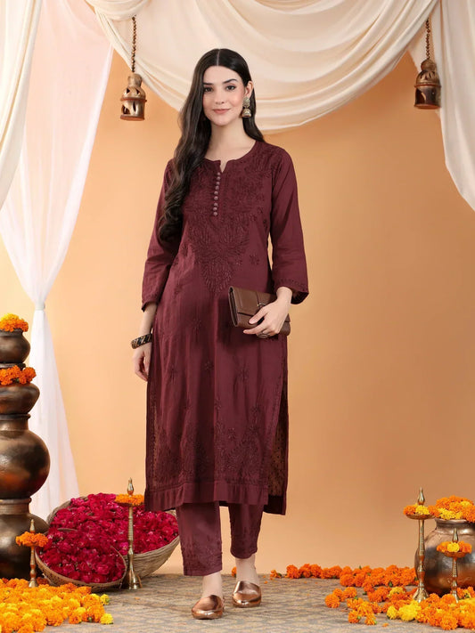 Ananya Chikankari Kurta Pant Cotton Co-ord Set (Brown)