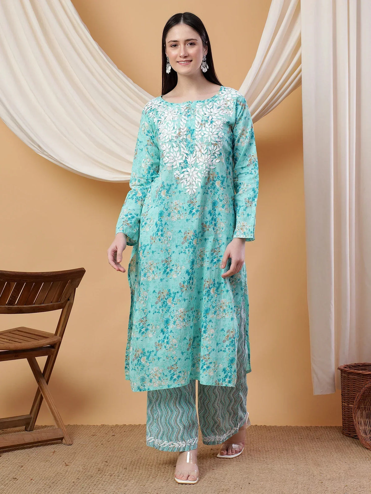 Anika Chikankari Mulmul Co-ord Set (Green)