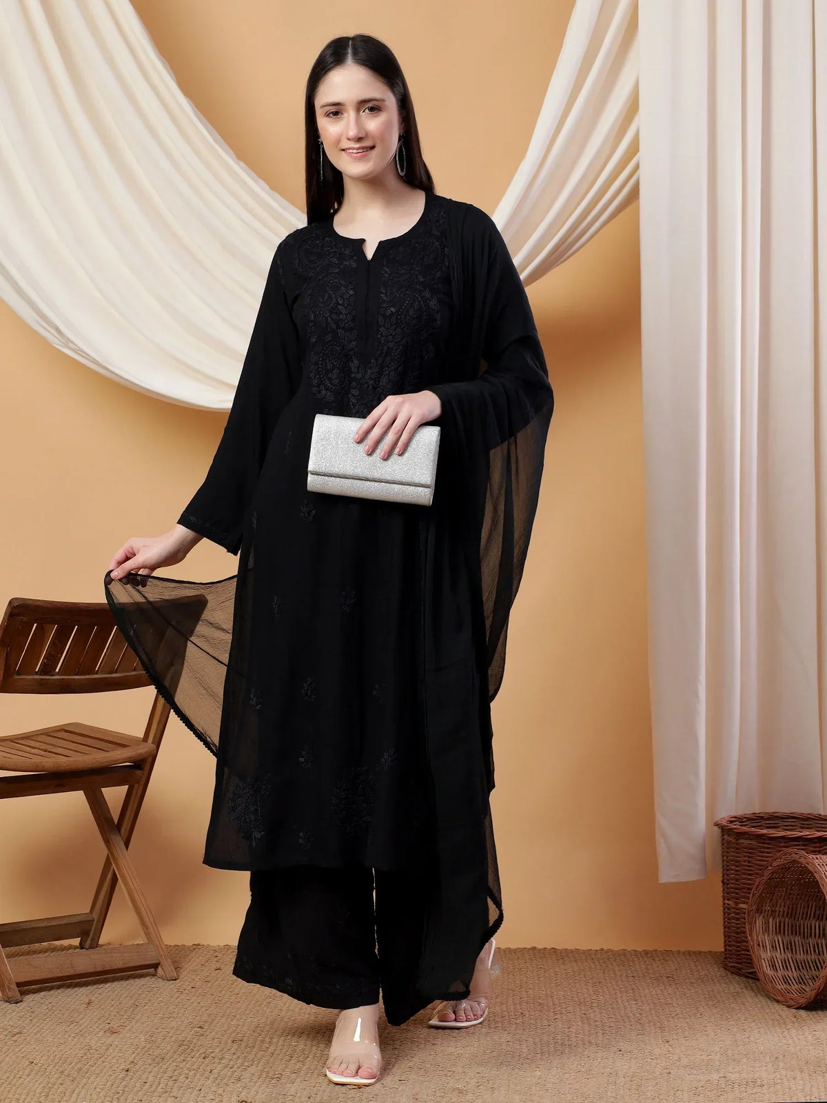 Meher Chikankari Ombre Rayon Co-ord Set (Black)